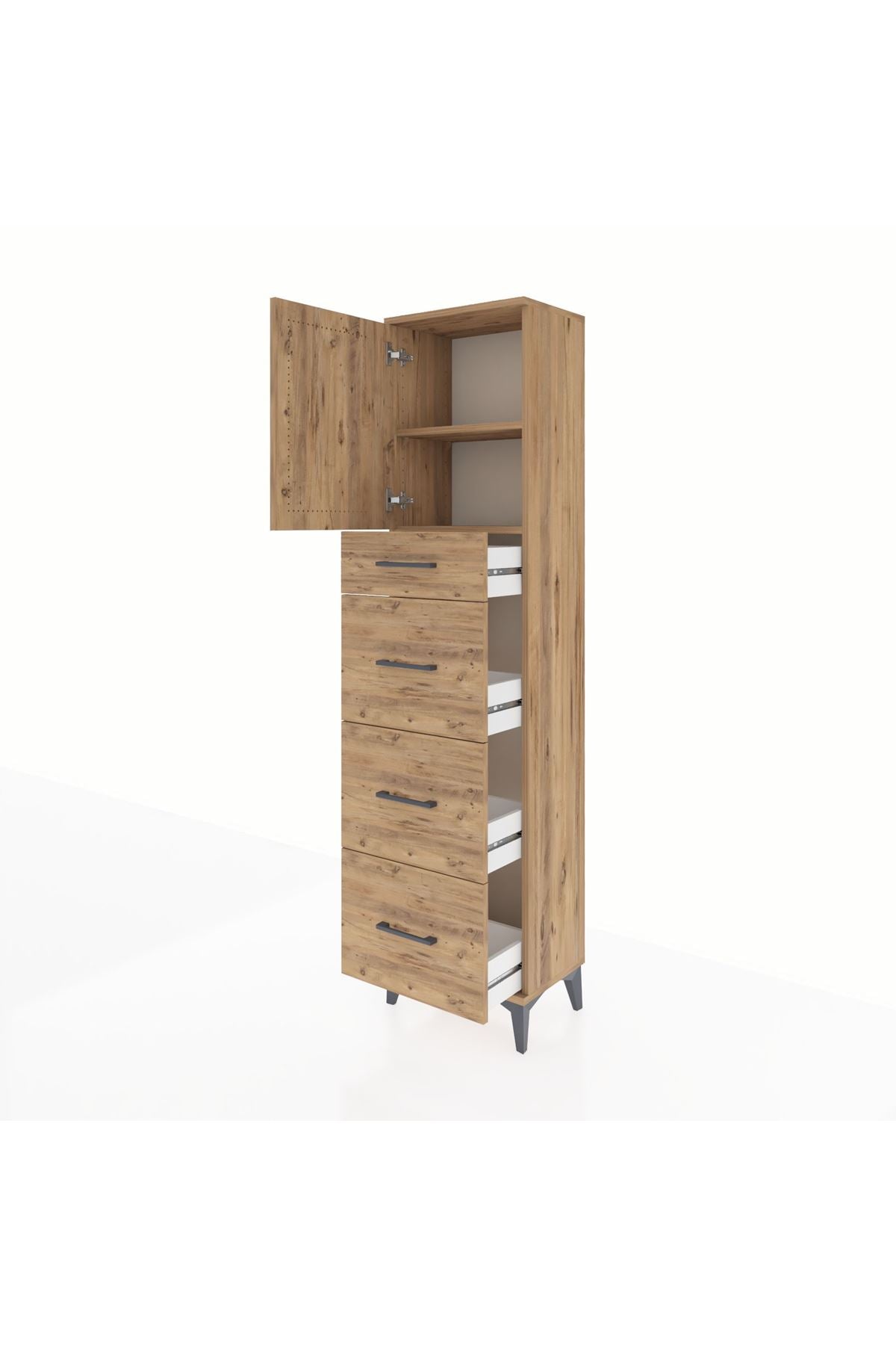 Arges Dolap 2 Raflı 4 Çekmeceli Tek Kapaklı 44x30x182 Çam-Çam