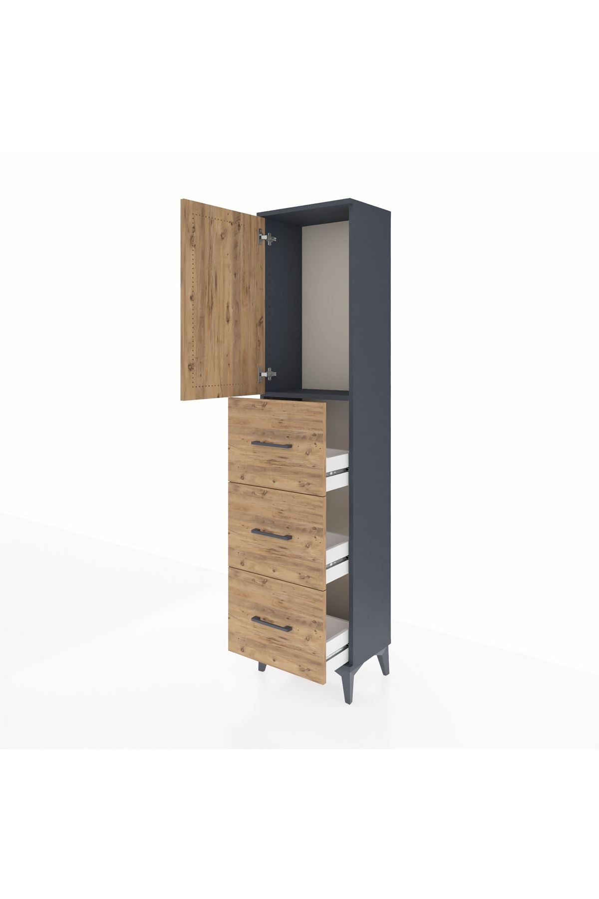 Arges Dolap Tek Raflı 3 Çekmeceli Tek Kapaklı 44x30x182 Antrasit-Çam