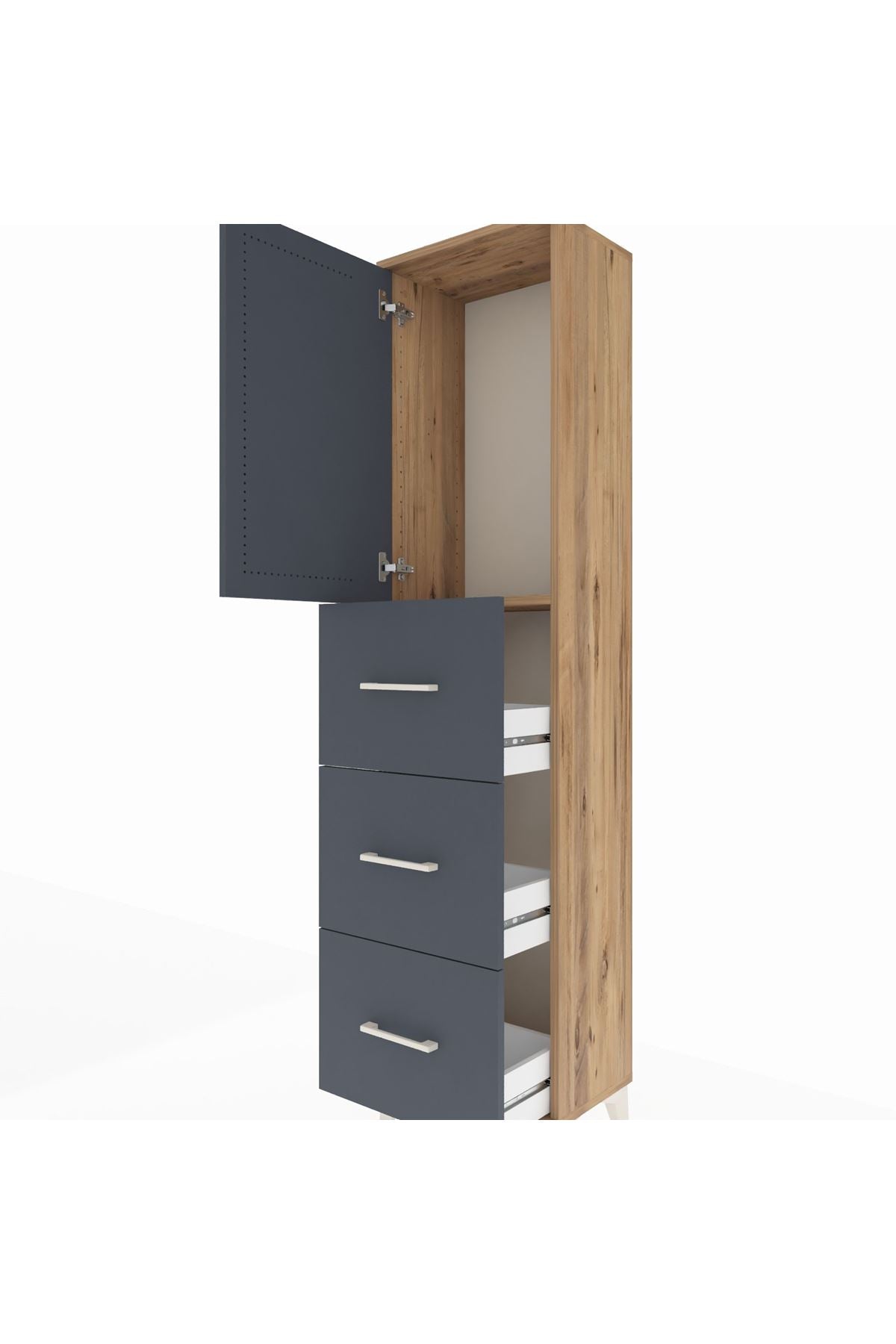 Arges Dolap Tek Raflı 3 Çekmeceli Tek Kapaklı 44x30x182 Çam-Antrasit