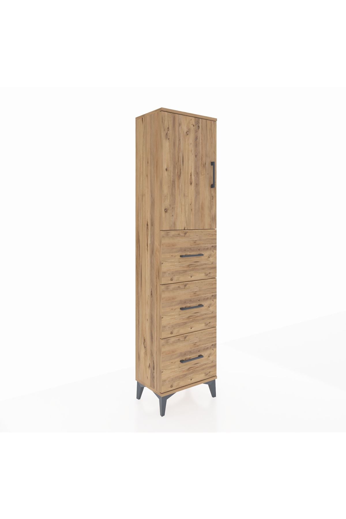 Arges Dolap Tek Raflı 3 Çekmeceli Tek Kapaklı 44x30x182 Çam-Çam