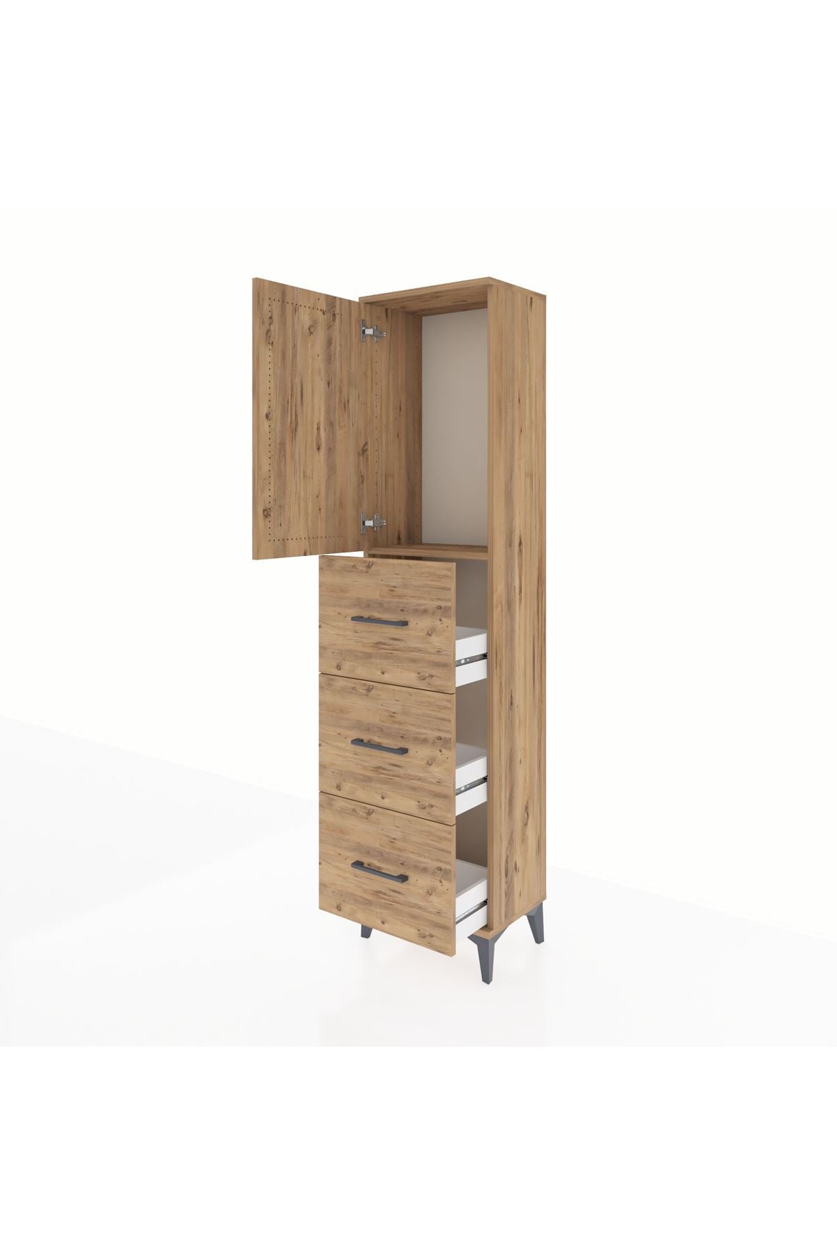 Arges Dolap Tek Raflı 3 Çekmeceli Tek Kapaklı 44x30x182 Çam-Çam