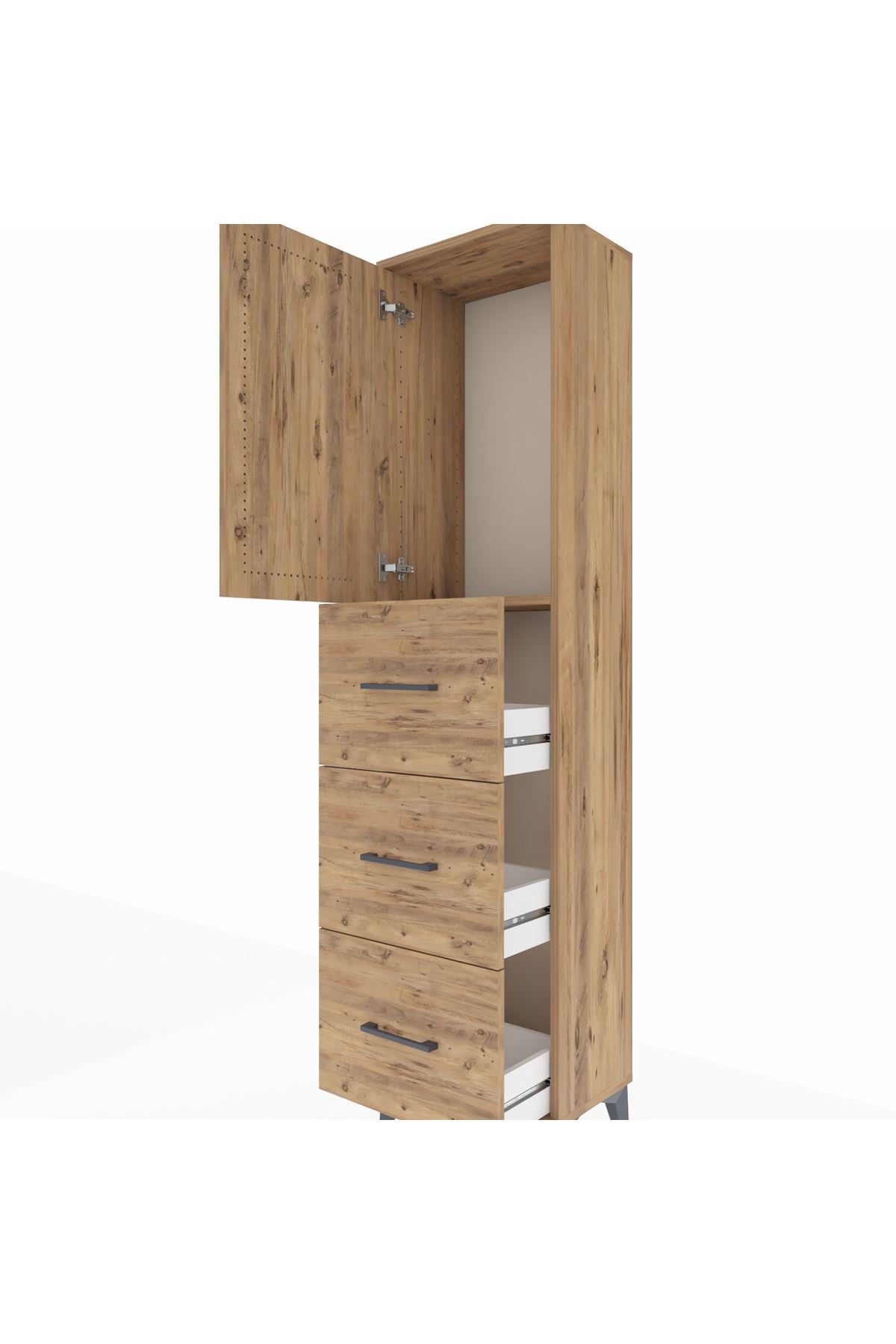 Arges Dolap Tek Raflı 3 Çekmeceli Tek Kapaklı 44x30x182 Çam-Çam