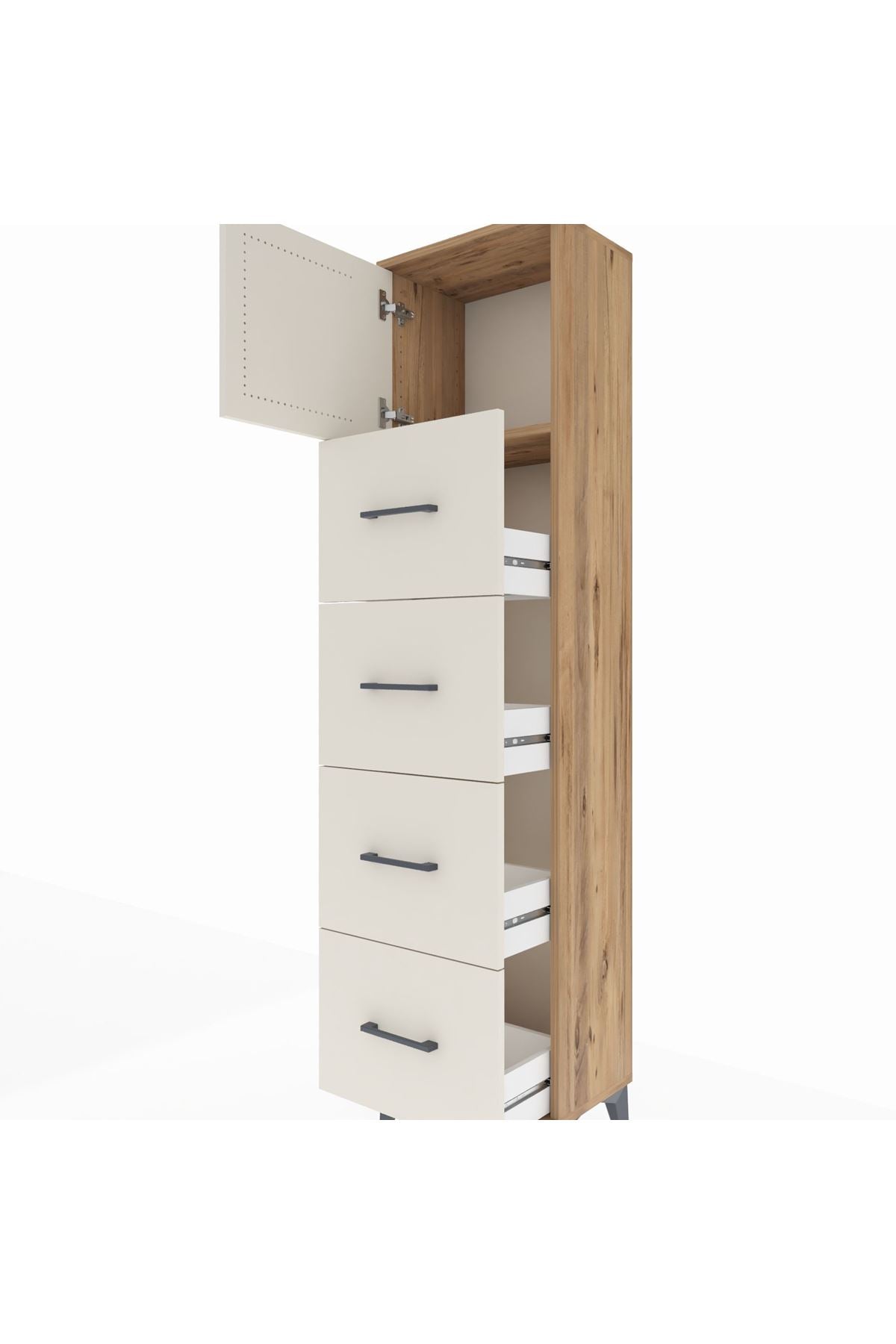 Arges Dolap Tek Raflı 4 Çekmeceli Tek Kapaklı 44x30x182 Çam-Aytaşı