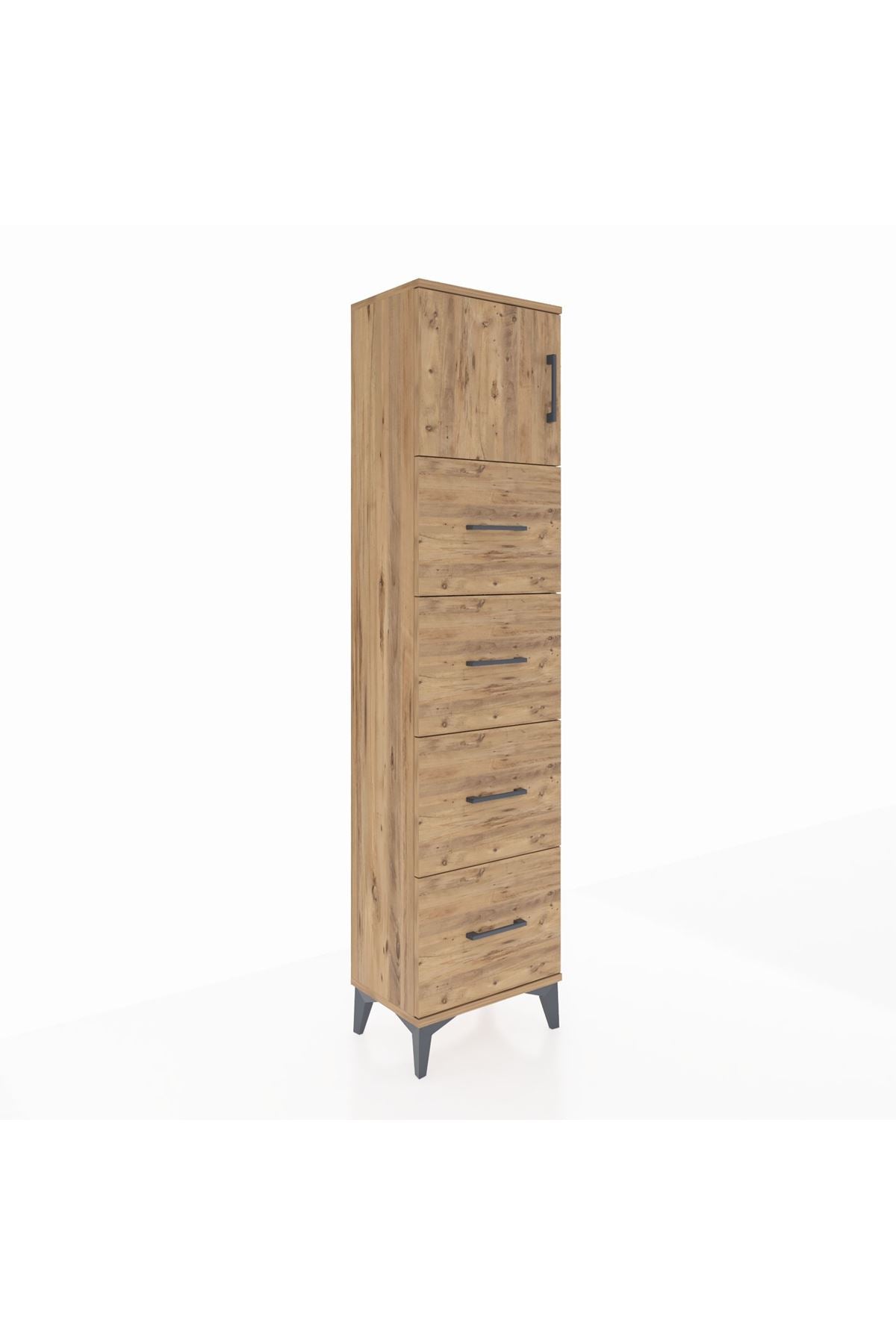 Arges Dolap Tek Raflı 4 Çekmeceli Tek Kapaklı 44x30x182 Çam-Çam