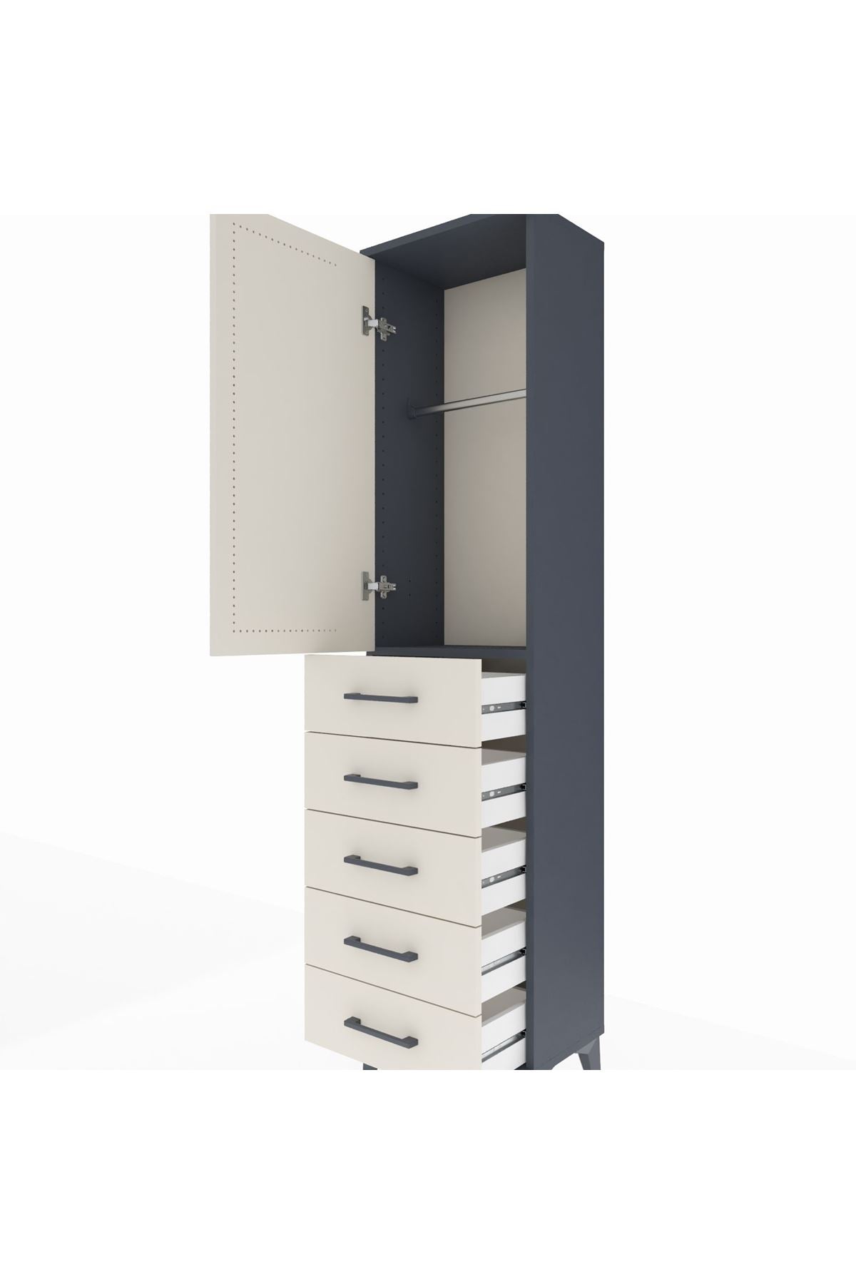 Arges Dolap Tek Raflı 5 Çekmeceli Tek Askılı 44x30x182 Antrasit-Aytaşı