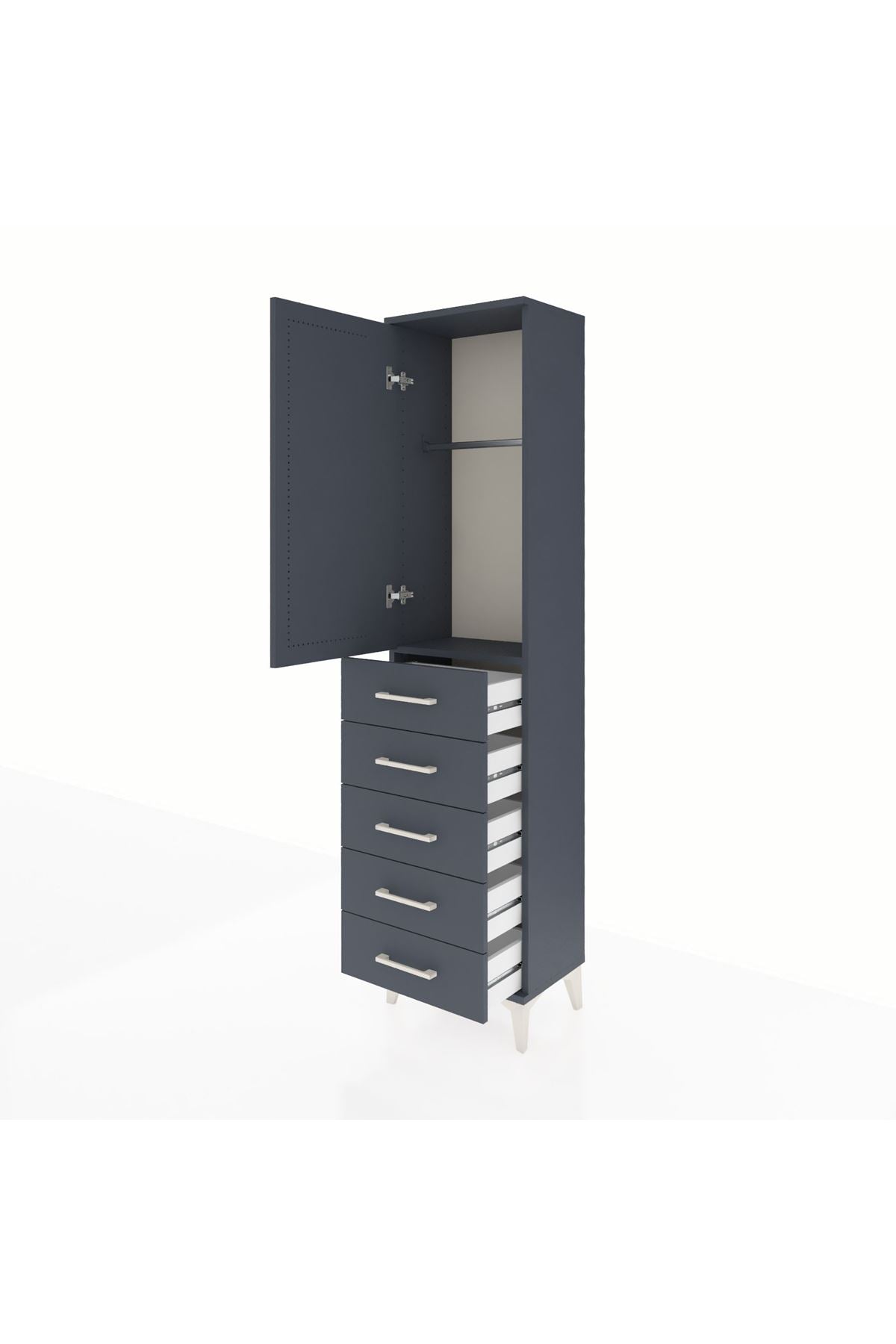 Arges Dolap Tek Raflı 5 Çekmeceli Tek Askılı 44x30x182 Antrasit-Antrasit