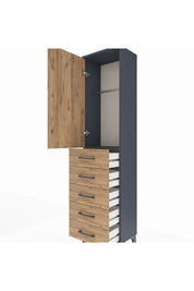 Arges Dolap Tek Raflı 5 Çekmeceli Tek Askılı 44x30x182 Antrasit-Çam