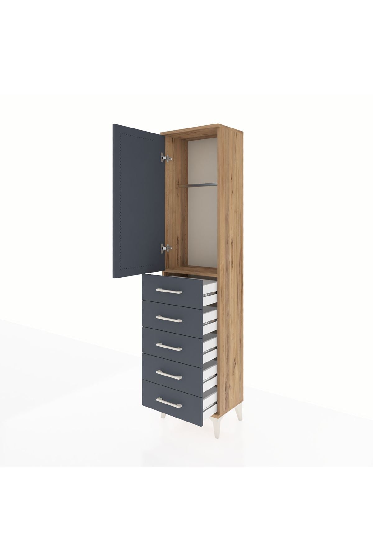 Arges Dolap Tek Raflı 5 Çekmeceli Tek Askılı 44x30x182 Çam-Antrasit