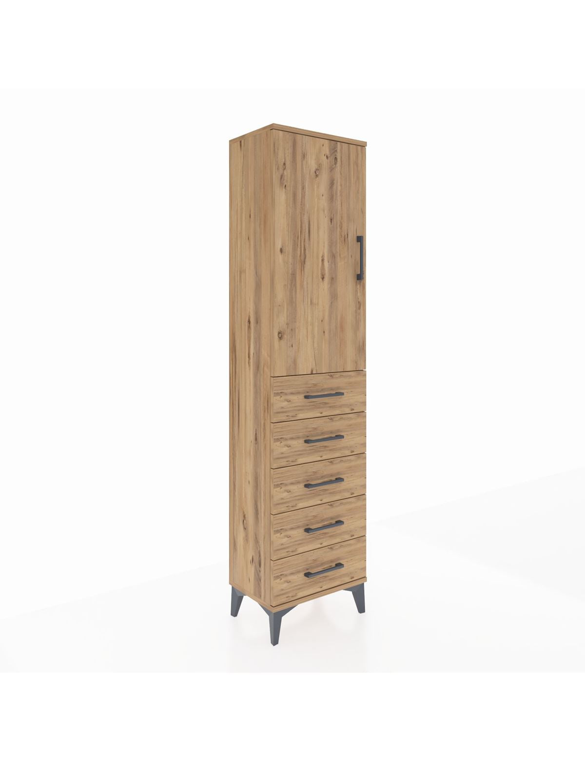 Arges Dolap Tek Raflı 5 Çekmeceli Tek Askılı 44x30x182 Çam-Çam