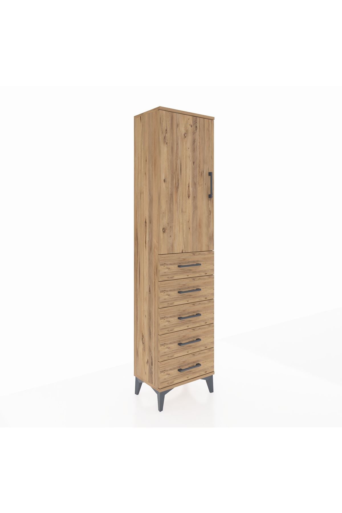 Arges Dolap Tek Raflı 5 Çekmeceli Tek Askılı 44x30x182 Çam-Çam