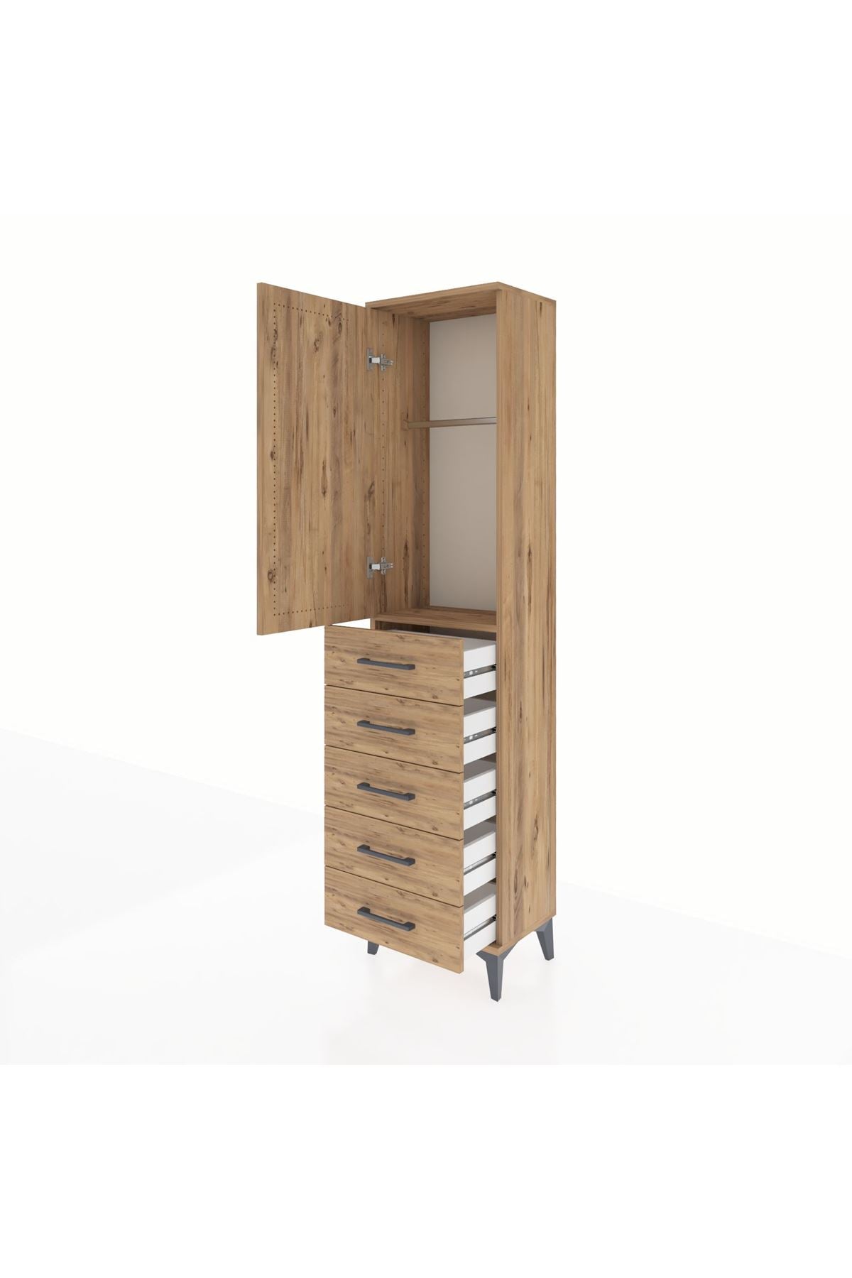 Arges Dolap Tek Raflı 5 Çekmeceli Tek Askılı 44x30x182 Çam-Çam