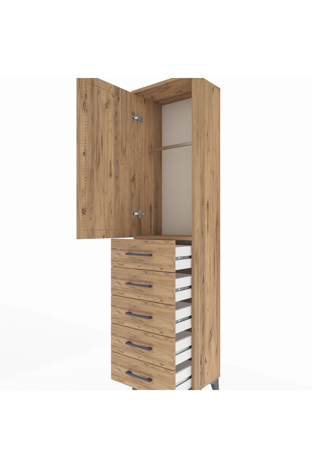 Arges Dolap Tek Raflı 5 Çekmeceli Tek Askılı 44x30x182 Çam-Çam