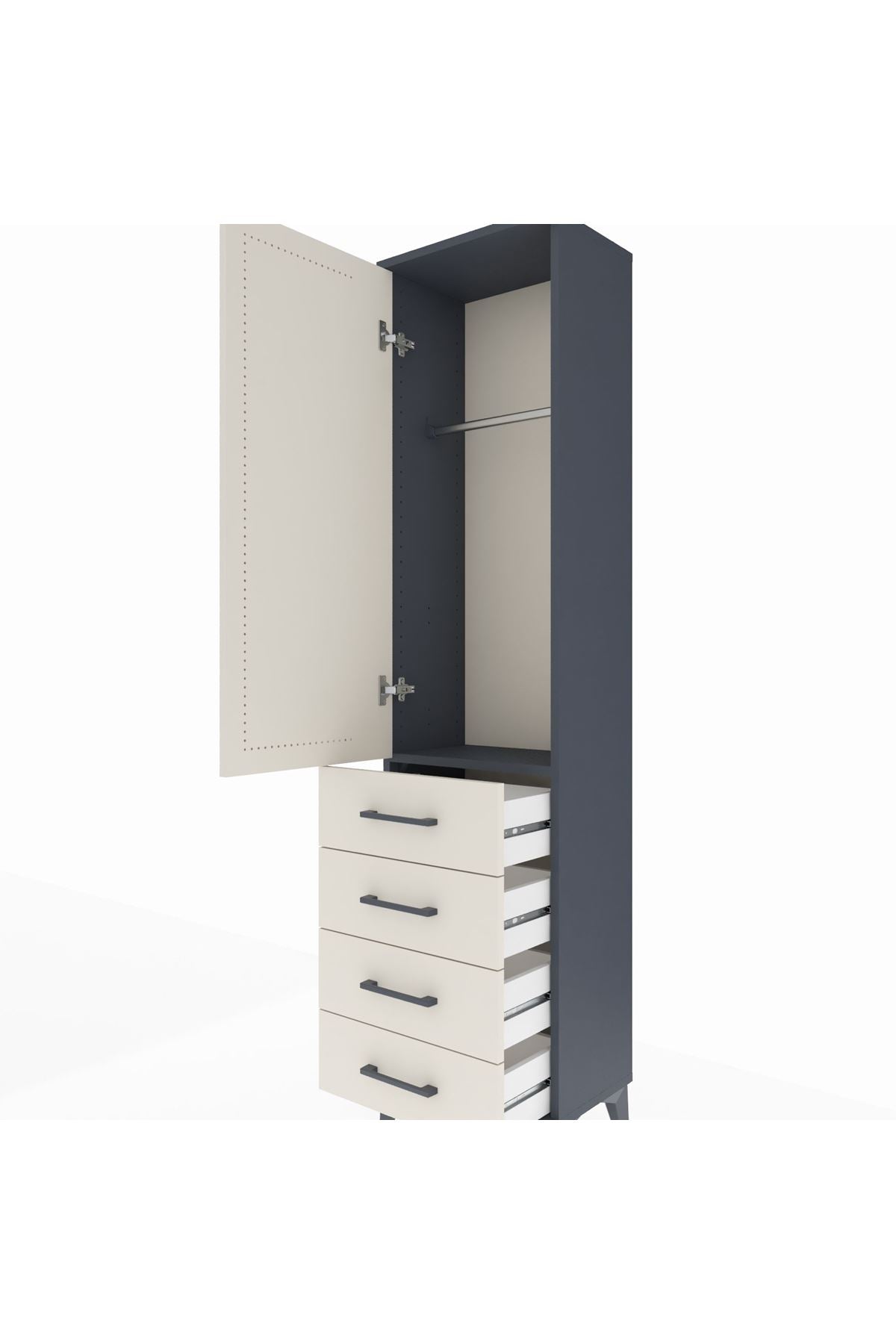 Arges Dolap Tek Raflı 4 Çekmeceli Tek Askılı 44x30x182 Antrasit-Aytaşı