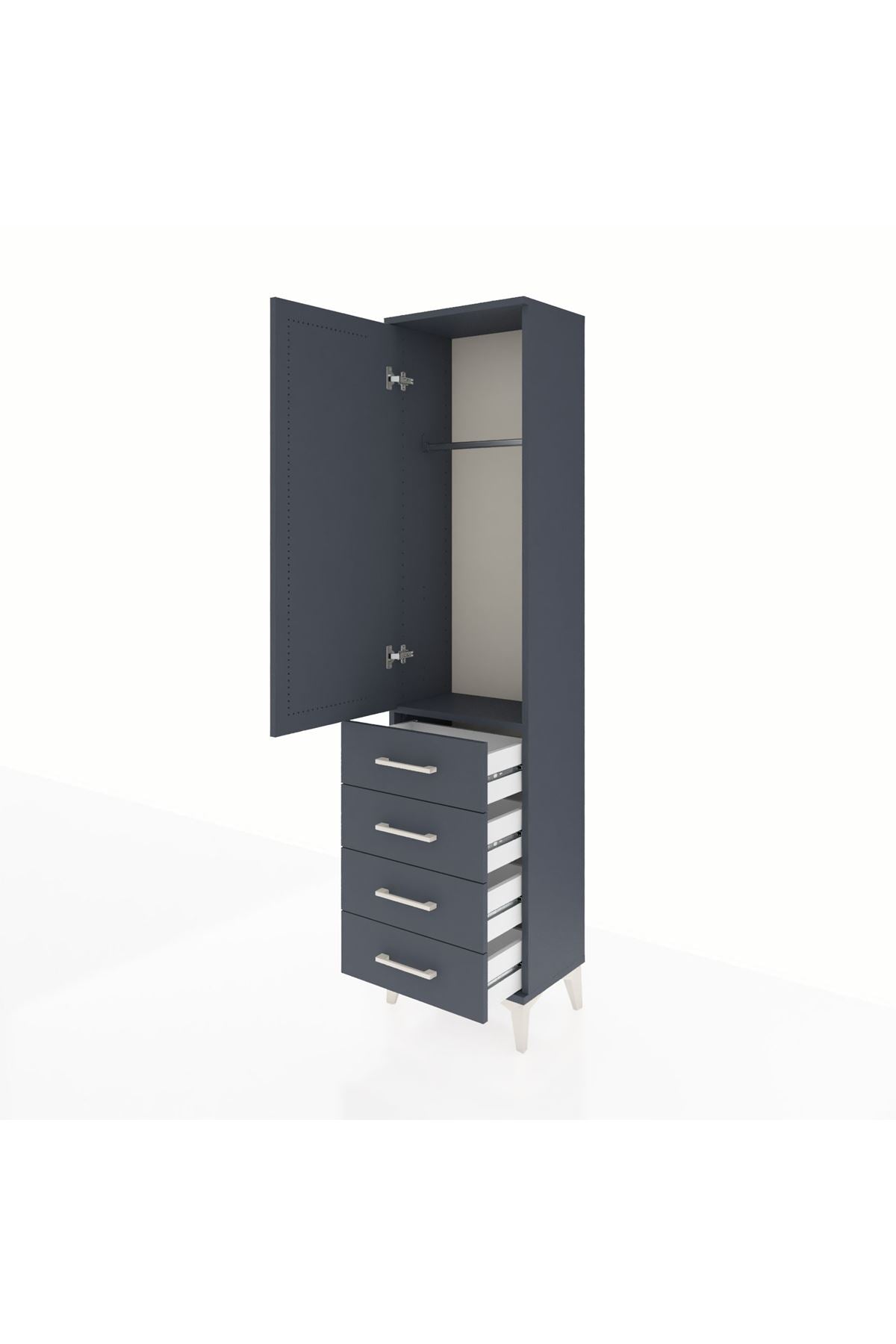 Arges Dolap Tek Raflı 4 Çekmeceli Tek Askılı 44x30x182 Antrasit-Antrasit