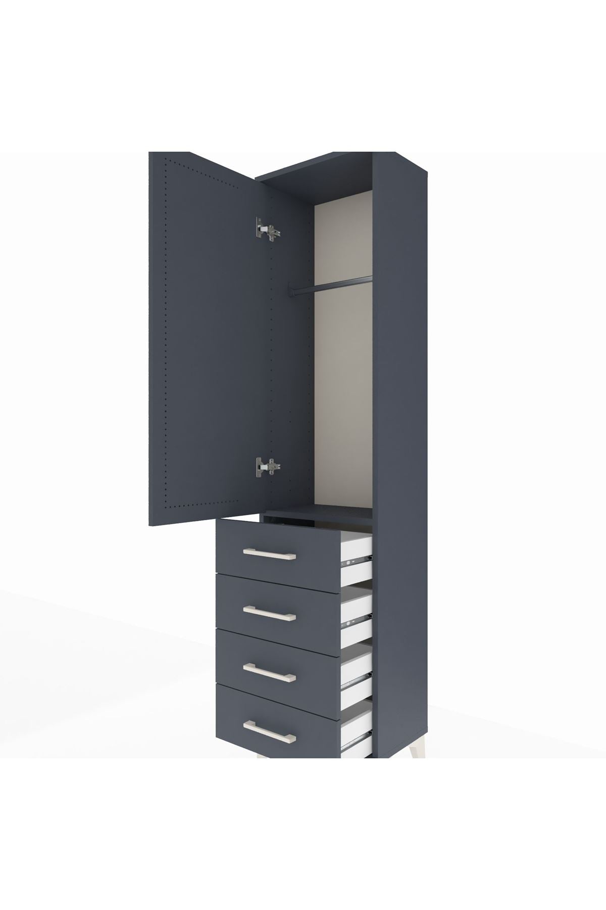 Arges Dolap Tek Raflı 4 Çekmeceli Tek Askılı 44x30x182 Antrasit-Antrasit