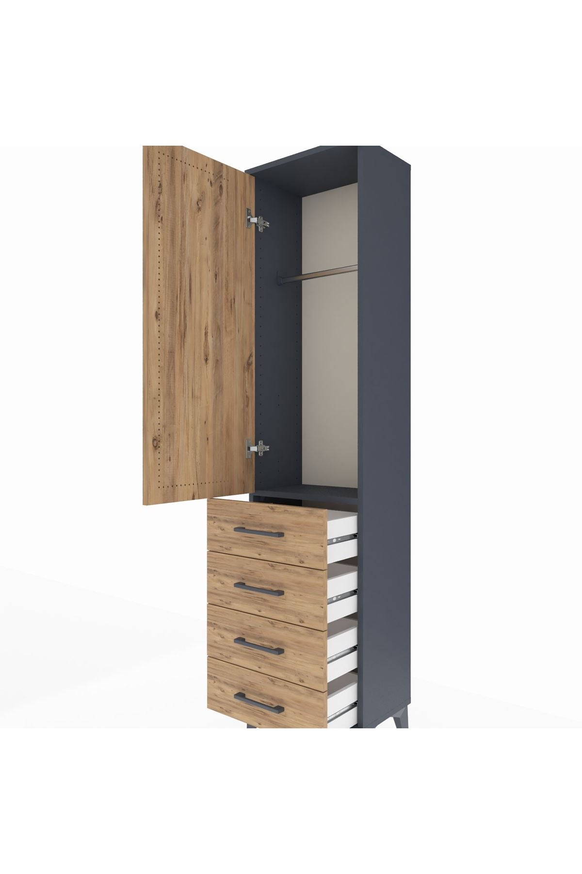 Arges Dolap Tek Raflı 4 Çekmeceli Tek Askılı 44x30x182 Antrasit-Çam