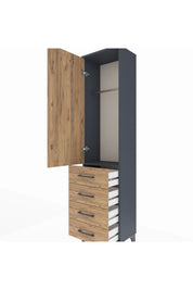 Arges Dolap Tek Raflı 4 Çekmeceli Tek Askılı 44x30x182 Antrasit-Çam