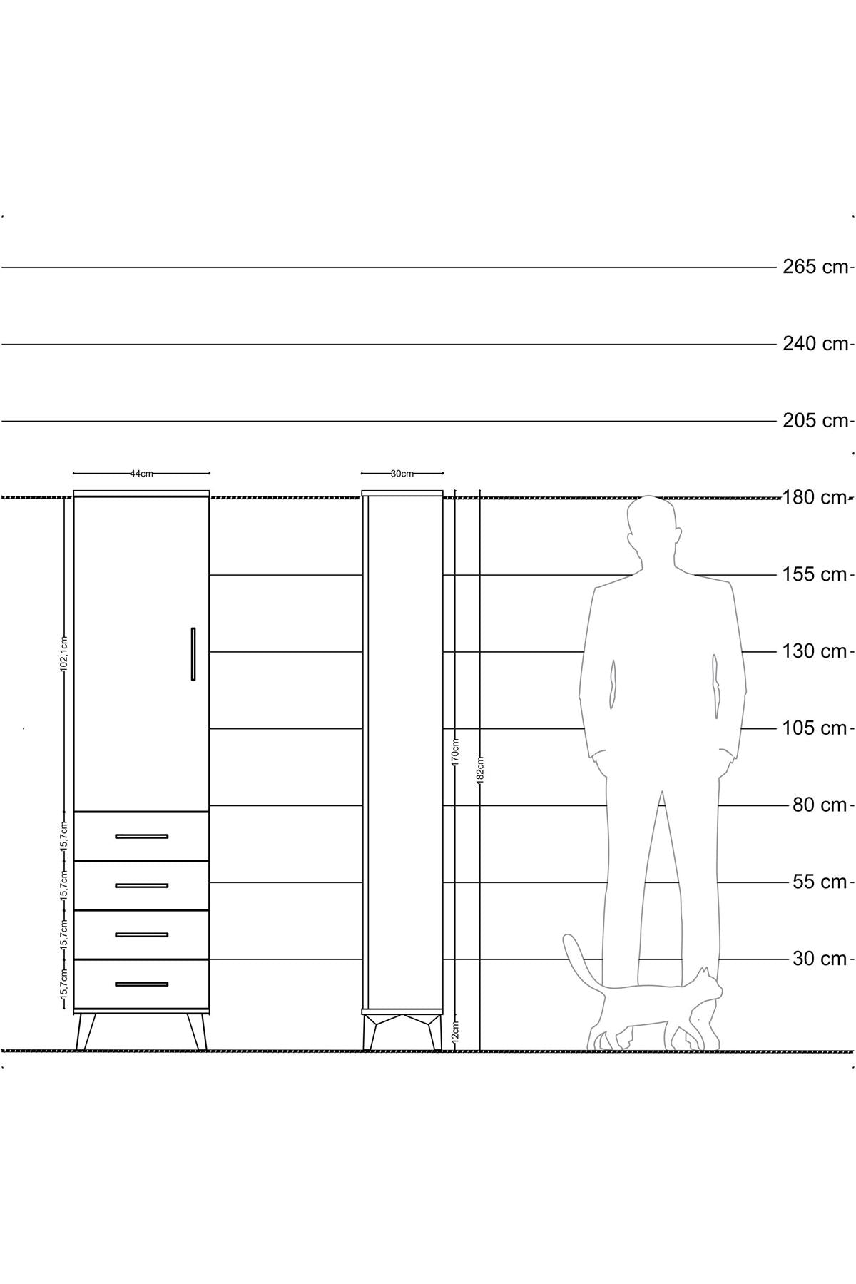 Arges Dolap Tek Raflı 4 Çekmeceli Tek Askılı 44x30x182 Antrasit-Çam