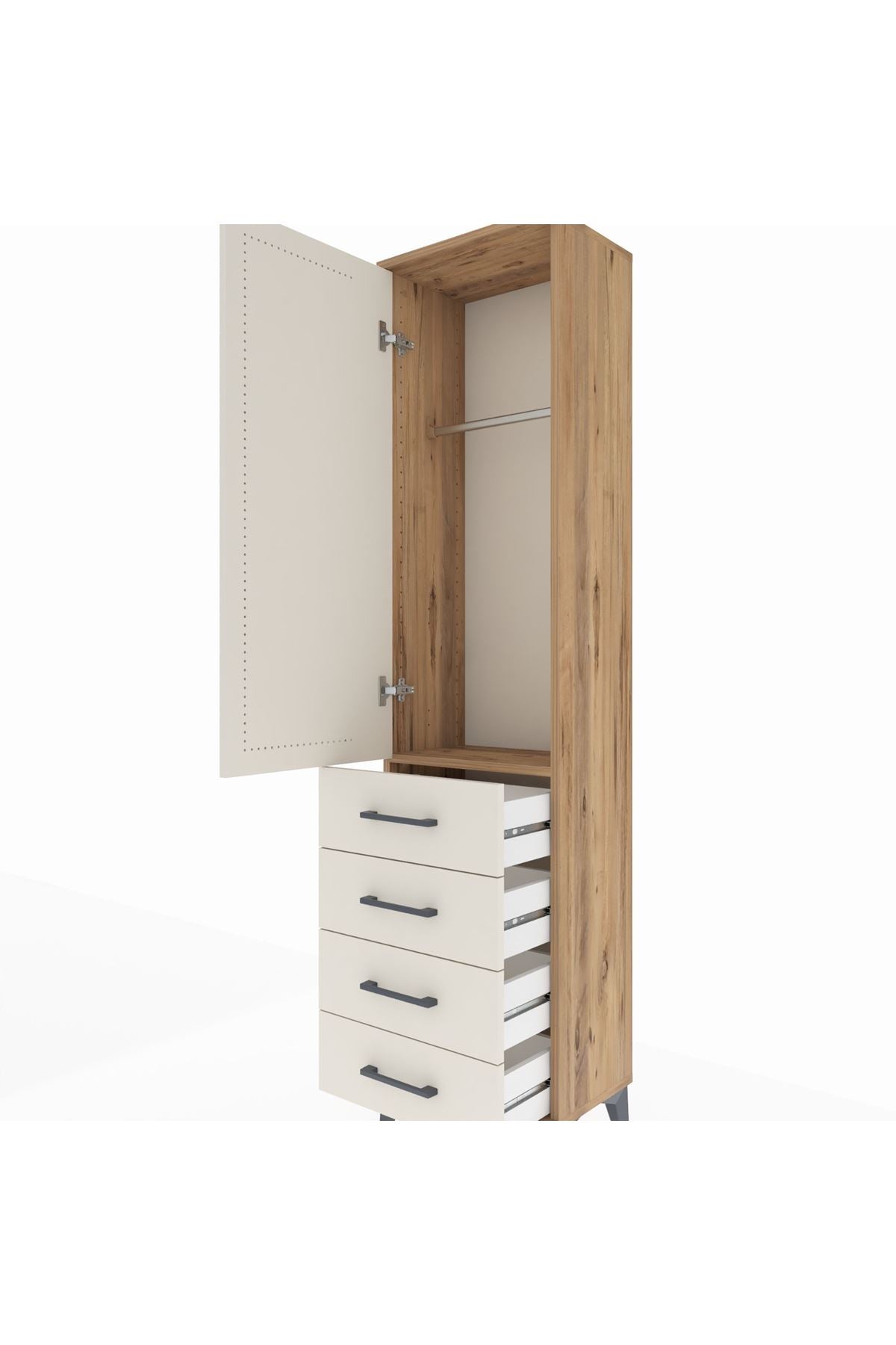 Arges Dolap Tek Raflı 4 Çekmeceli Tek Askılı 44x30x182 Çam-Aytaşı
