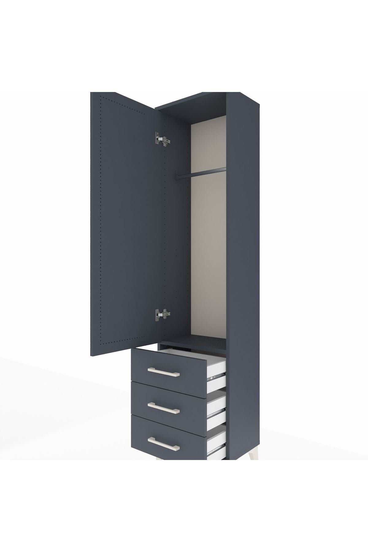 Arges Dolap Tek Raflı 3 Çekmeceli Tek Askılı 44x30x182 Antrasit-Antrasit