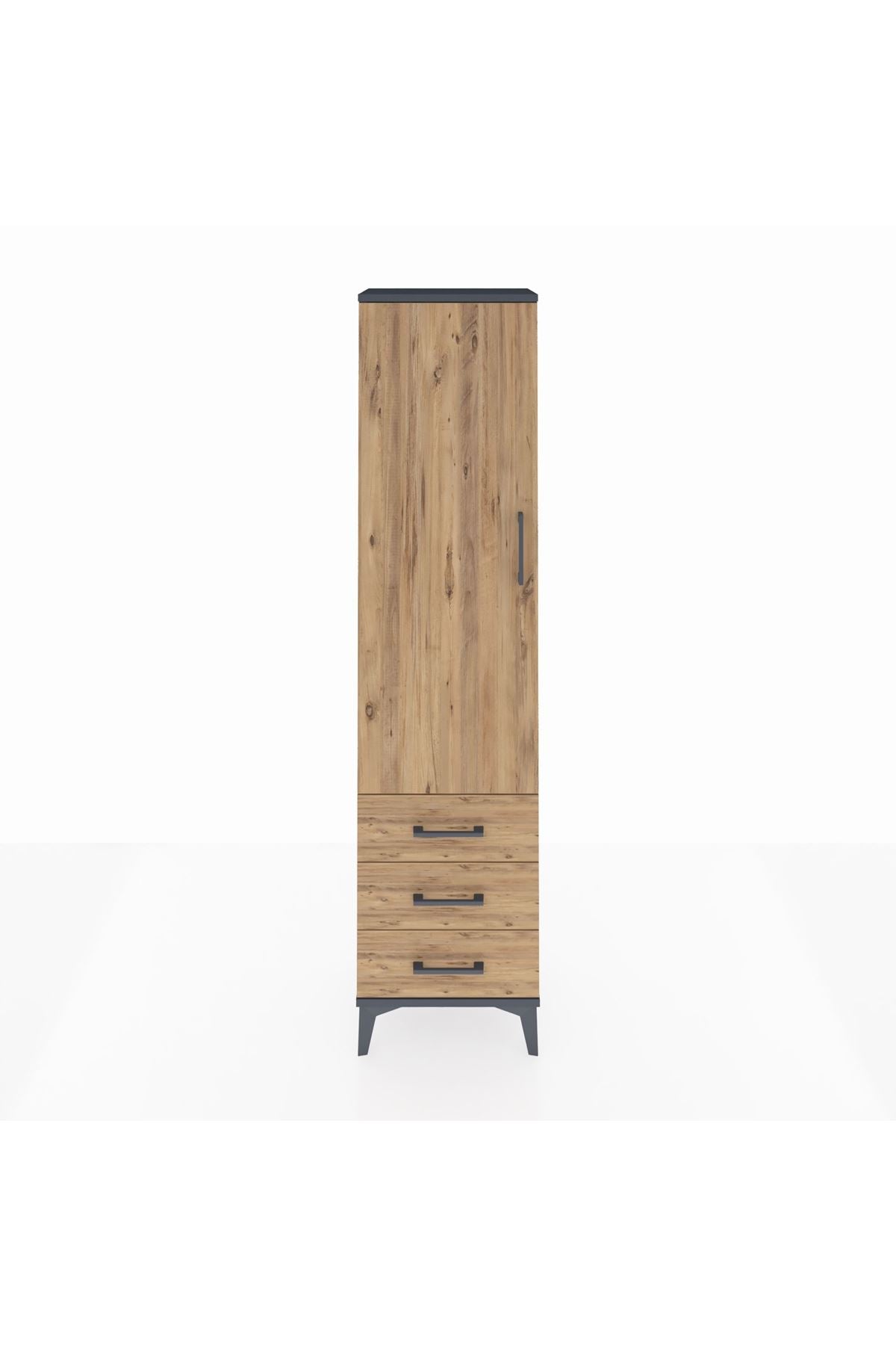 Arges Dolap Tek Raflı 3 Çekmeceli Tek Askılı 44x30x182 Antrasit-Çam