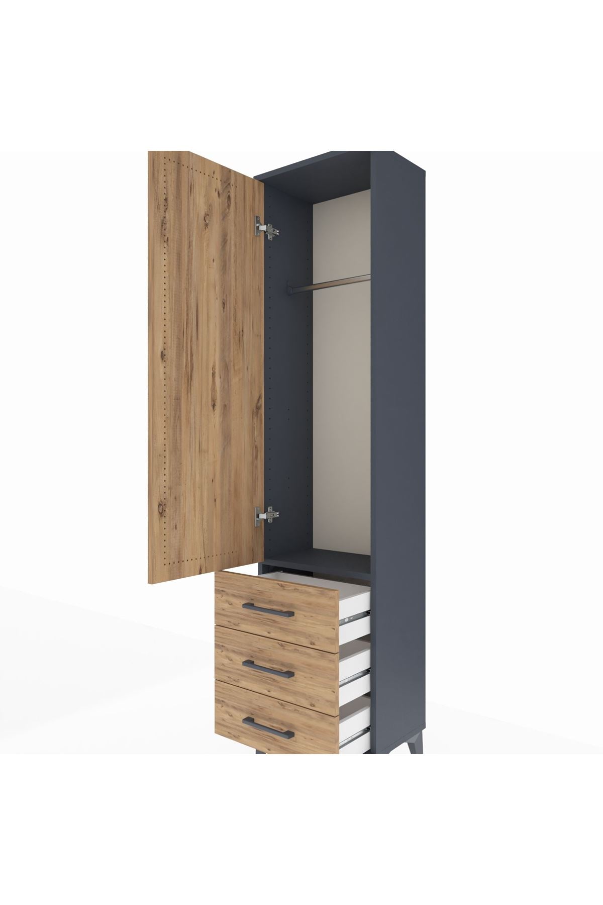 Arges Dolap Tek Raflı 3 Çekmeceli Tek Askılı 44x30x182 Antrasit-Çam