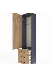 Arges Dolap Tek Raflı 3 Çekmeceli Tek Askılı 44x30x182 Antrasit-Çam