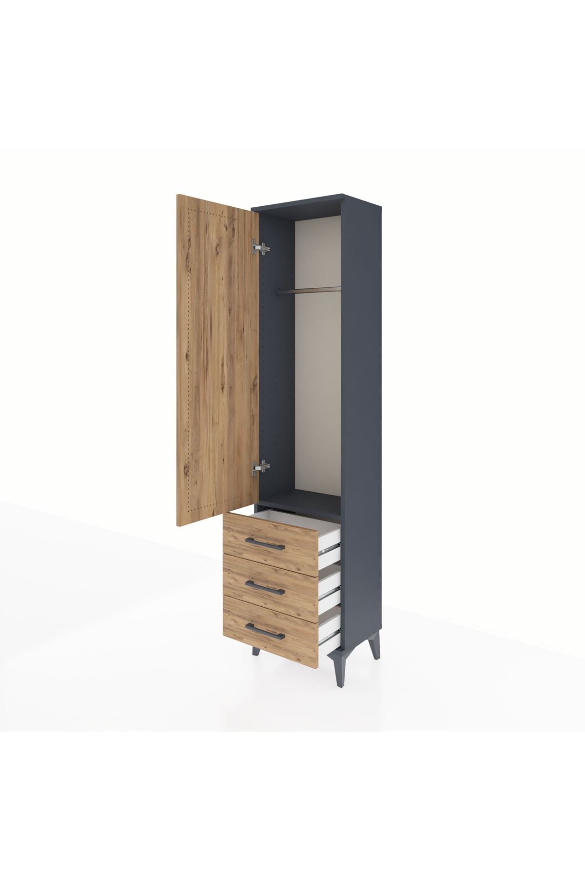 Arges Dolap Tek Raflı 3 Çekmeceli Tek Askılı 44x30x182 Antrasit-Çam