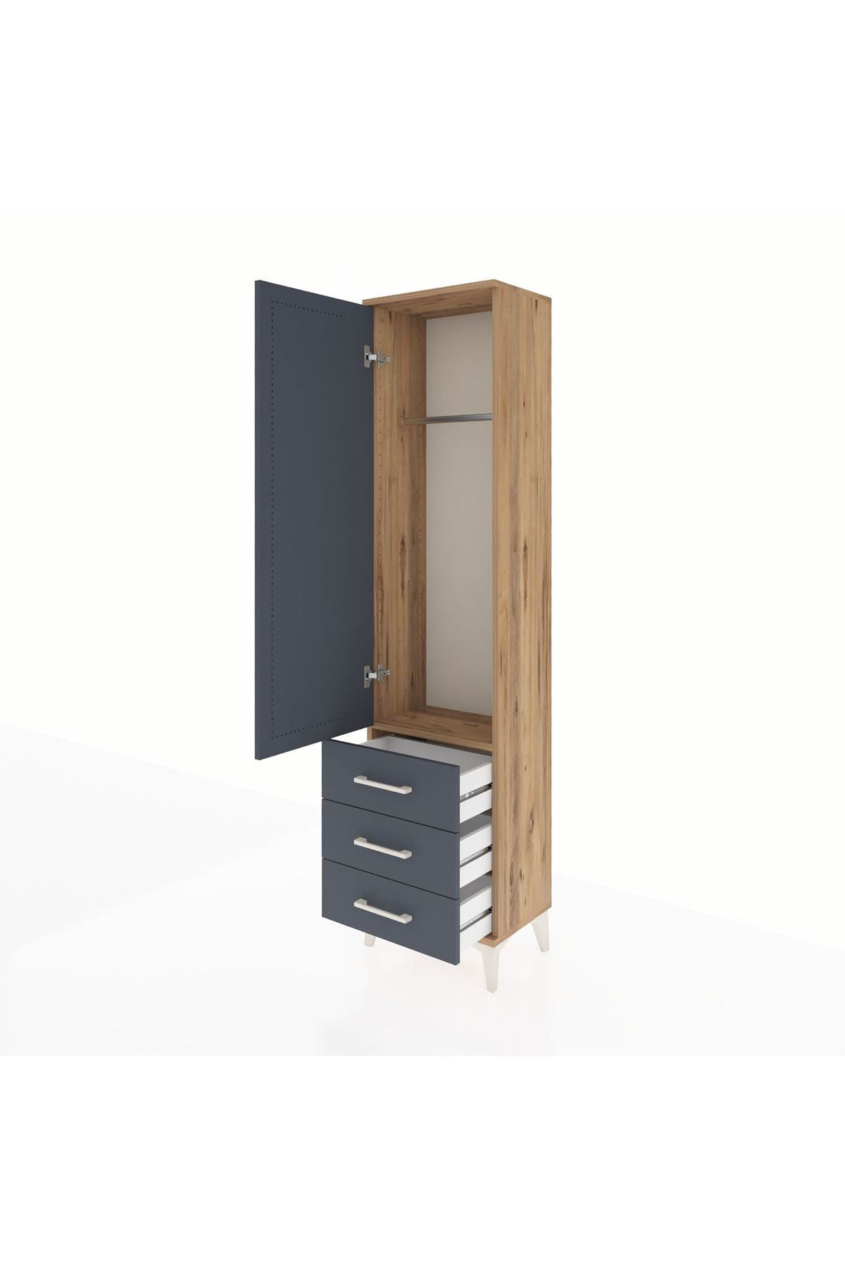 Arges Dolap Tek Raflı 3 Çekmeceli Tek Askılı 44x30x182 Çam-Antrasit