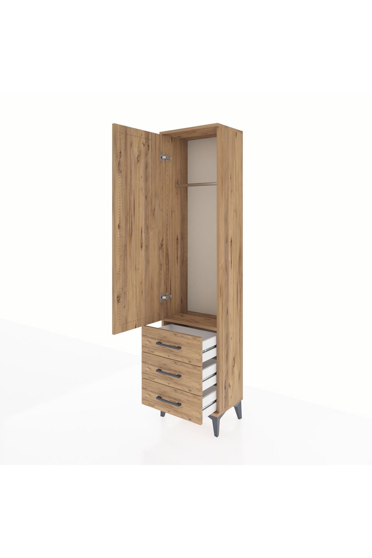 Arges Dolap Tek Raflı 3 Çekmeceli Tek Askılı 44x30x182 Çam-Çam