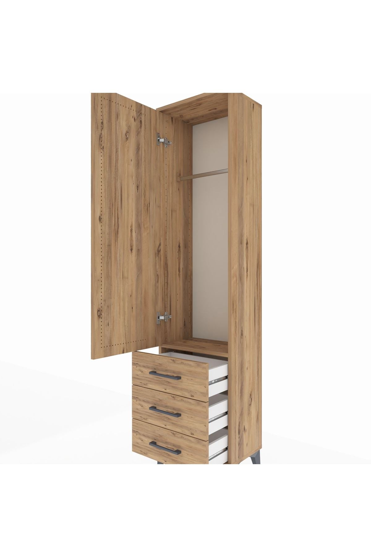 Arges Dolap Tek Raflı 3 Çekmeceli Tek Askılı 44x30x182 Çam-Çam