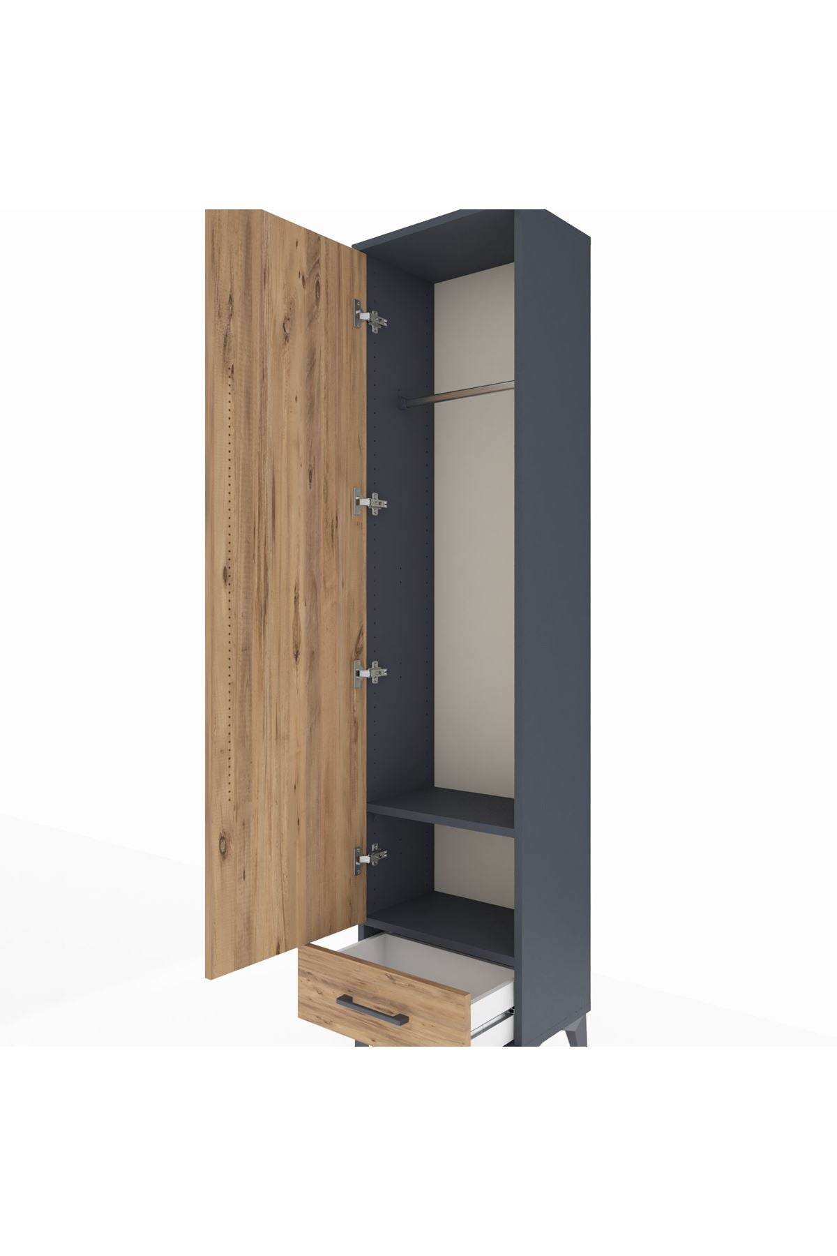 Arges Dolap 2 Raflı Tek Çekmeceli Tek Askılı 44x30x182 Antrasit-Çam