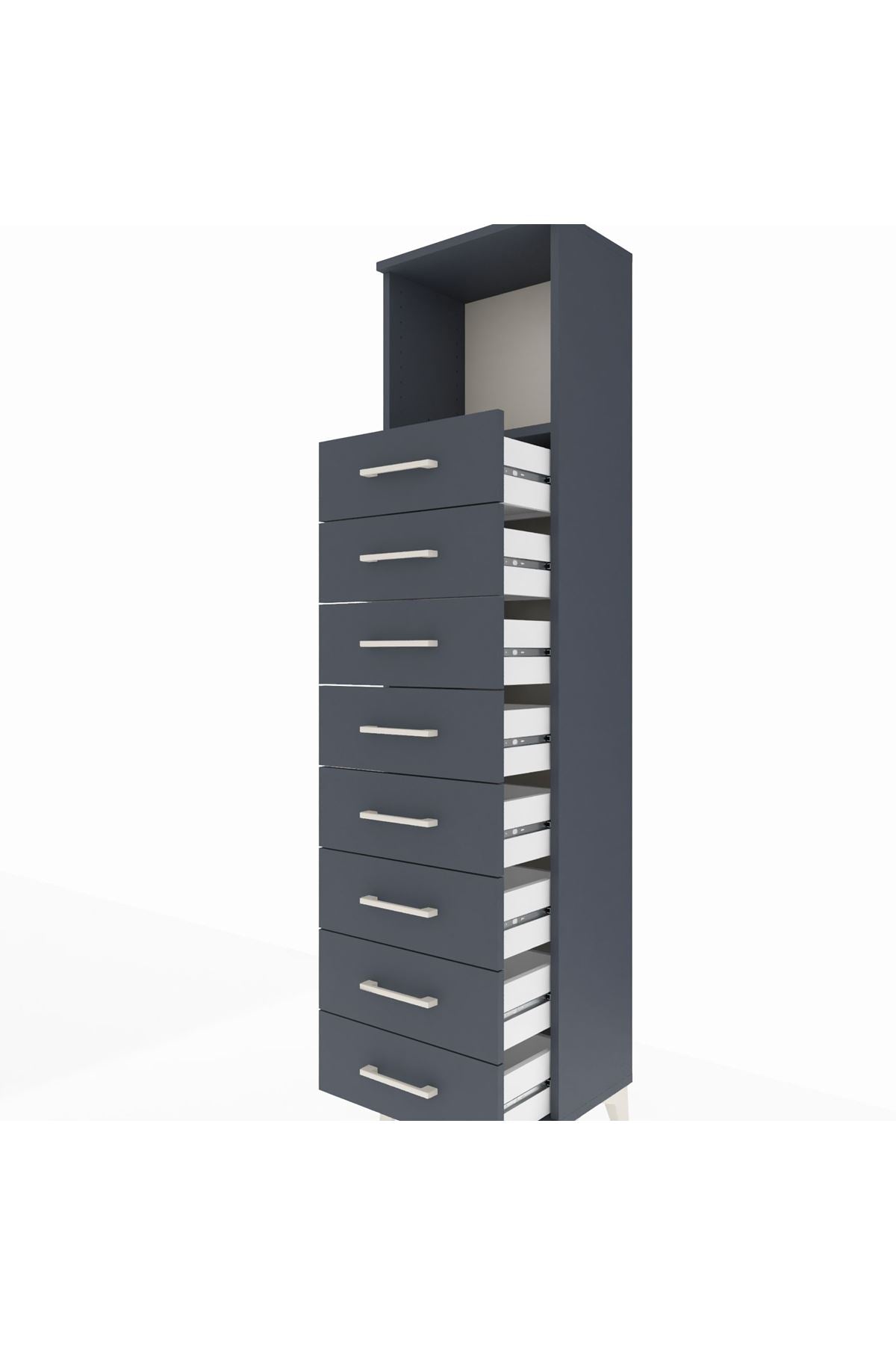 Arges Dolap Tek Raflı 8 Çekmeceli 44x30x182 Antrasit-Antrasit