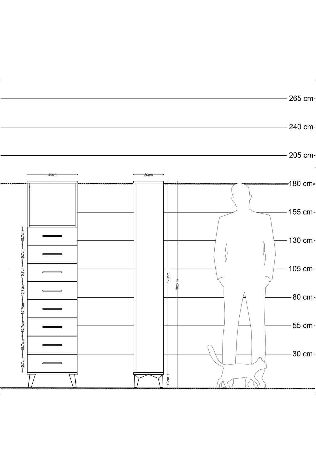 Arges Dolap Tek Raflı 8 Çekmeceli 44x30x182 Çam-Antrasit