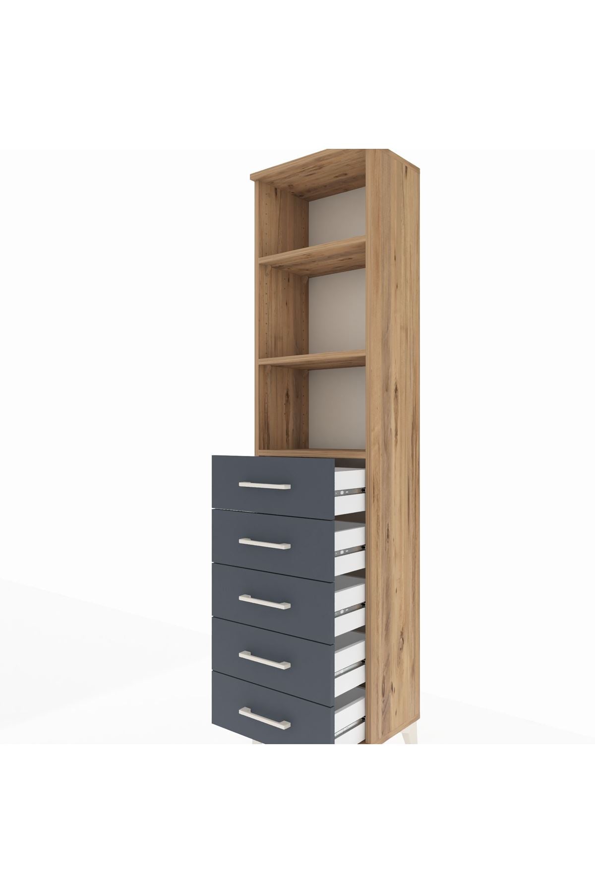 Arges Dolap 3 Raflı 5 Çekmeceli 44x30x182 Çam-Antrasit