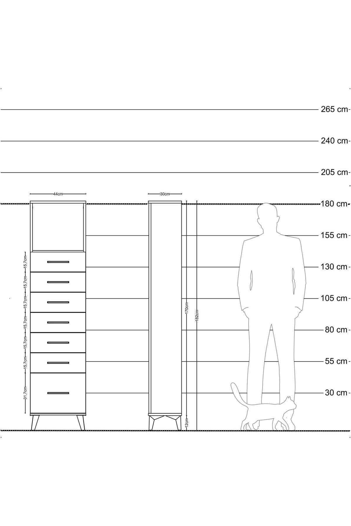 Arges Dolap Tek Raflı 7 Çekmeceli 44x30x182 Çam-Antrasit