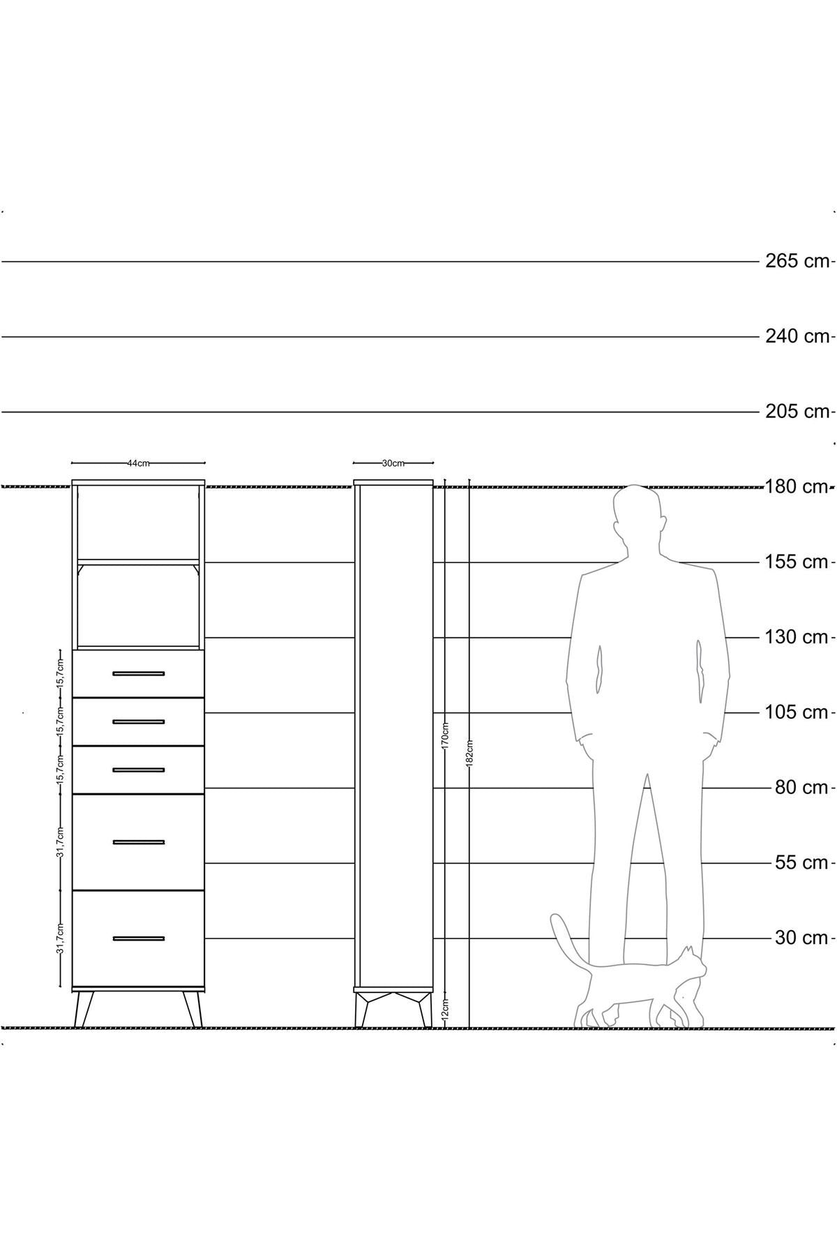 Arges Dolap 2 Raflı 5 Çekmeceli 44x30x182 Çam-Antrasit
