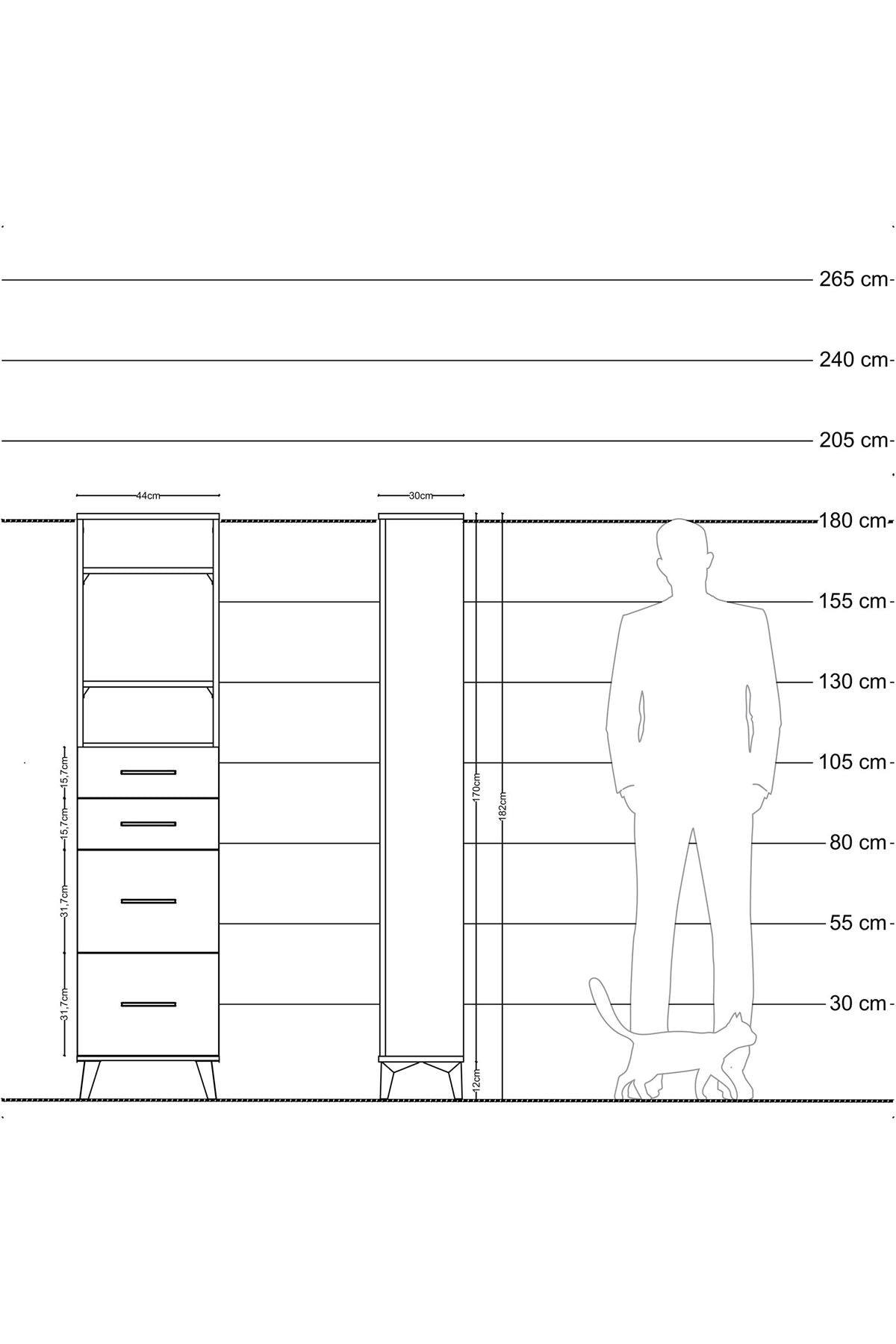 Arges Dolap 3 Raflı 4 Çekmeceli 44x30x182 Çam-Antrasit