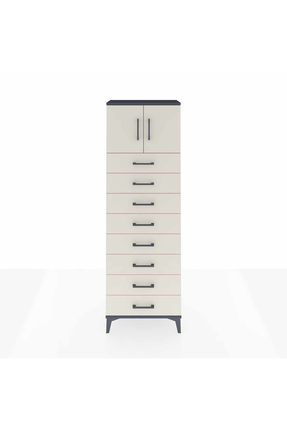 Arges Dolap 2 Raflı 8 Çekmeceli 2 Kapaklı 60x30x182 Antrasit-Aytaşı