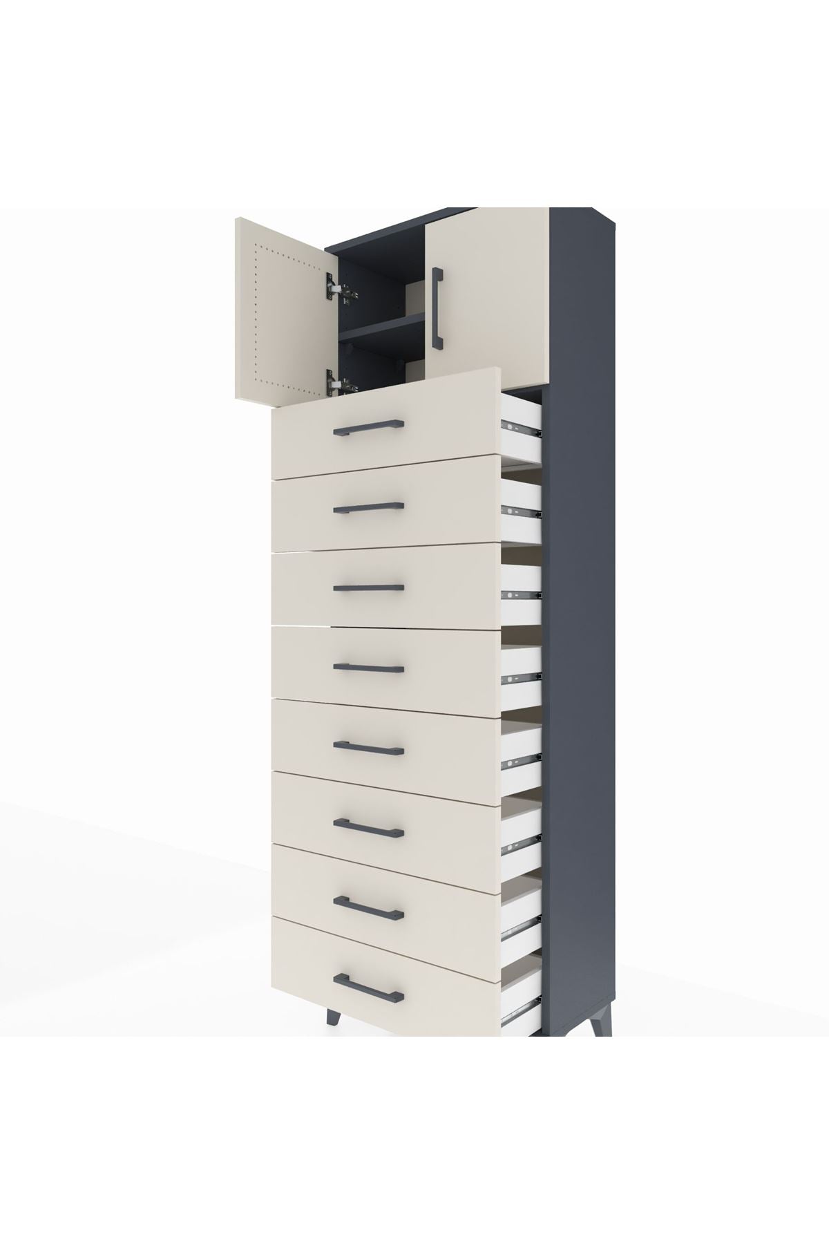 Arges Dolap 2 Raflı 8 Çekmeceli 2 Kapaklı 60x30x182 Antrasit-Aytaşı