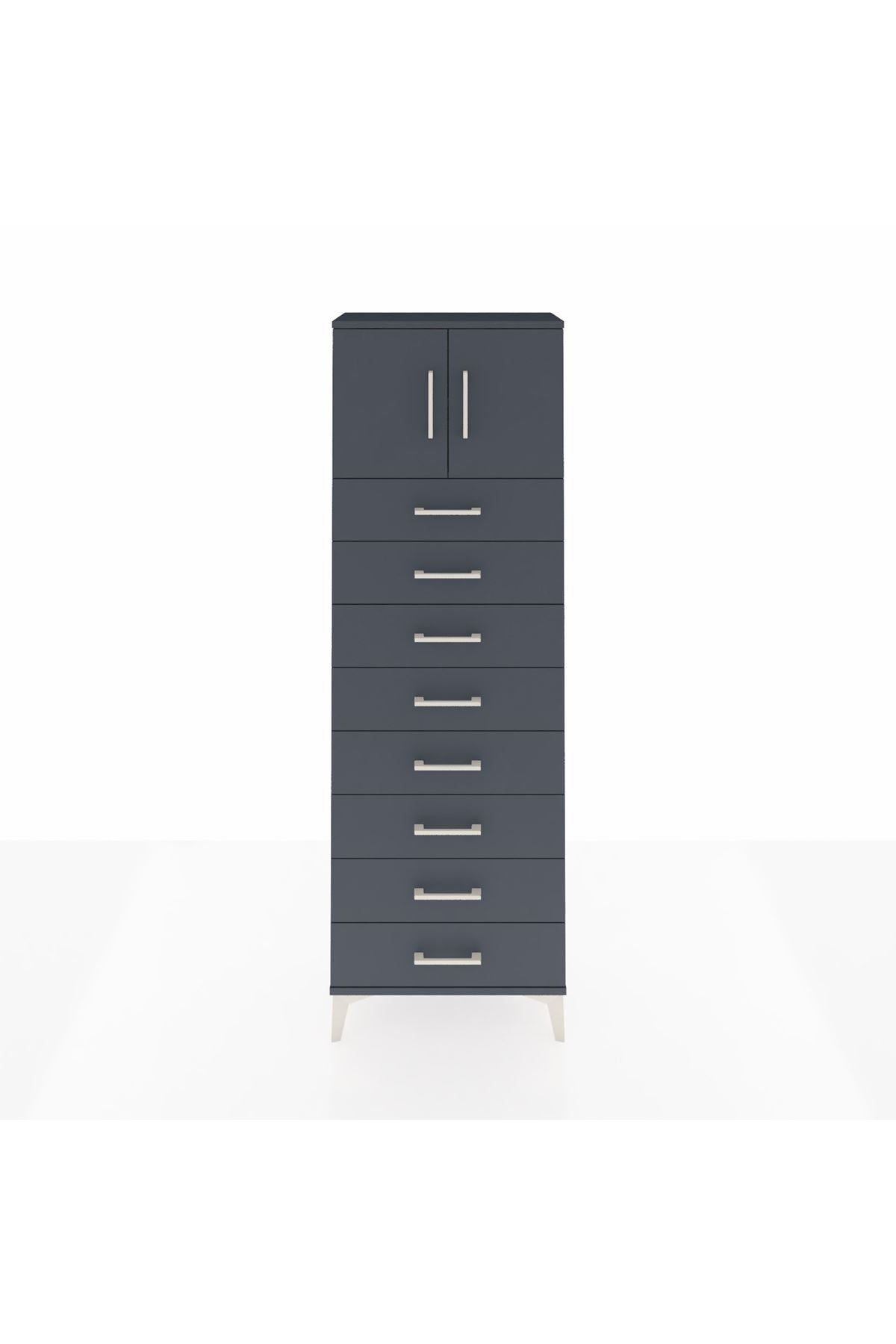 Arges Dolap 2 Raflı 8 Çekmeceli 2 Kapaklı 60x30x182 Antrasit-Antrasit