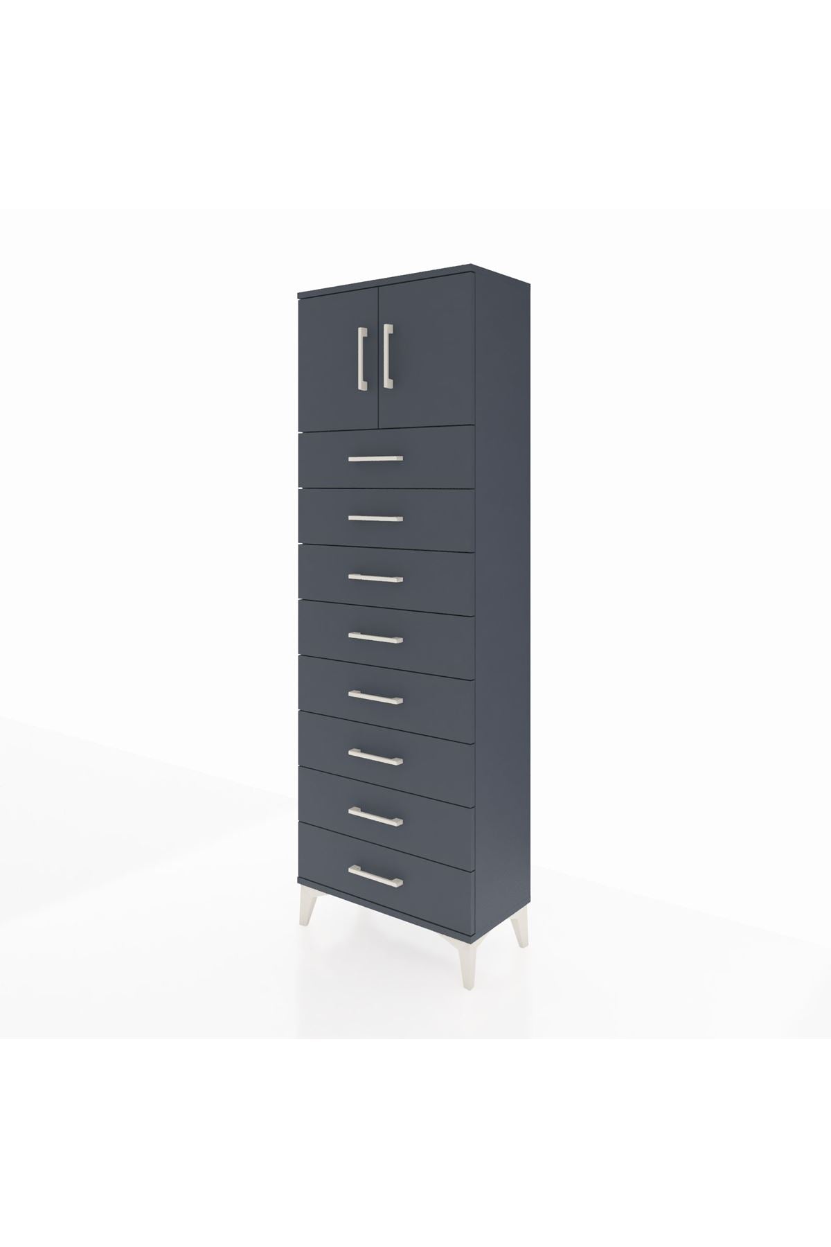 Arges Dolap 2 Raflı 8 Çekmeceli 2 Kapaklı 60x30x182 Antrasit-Antrasit