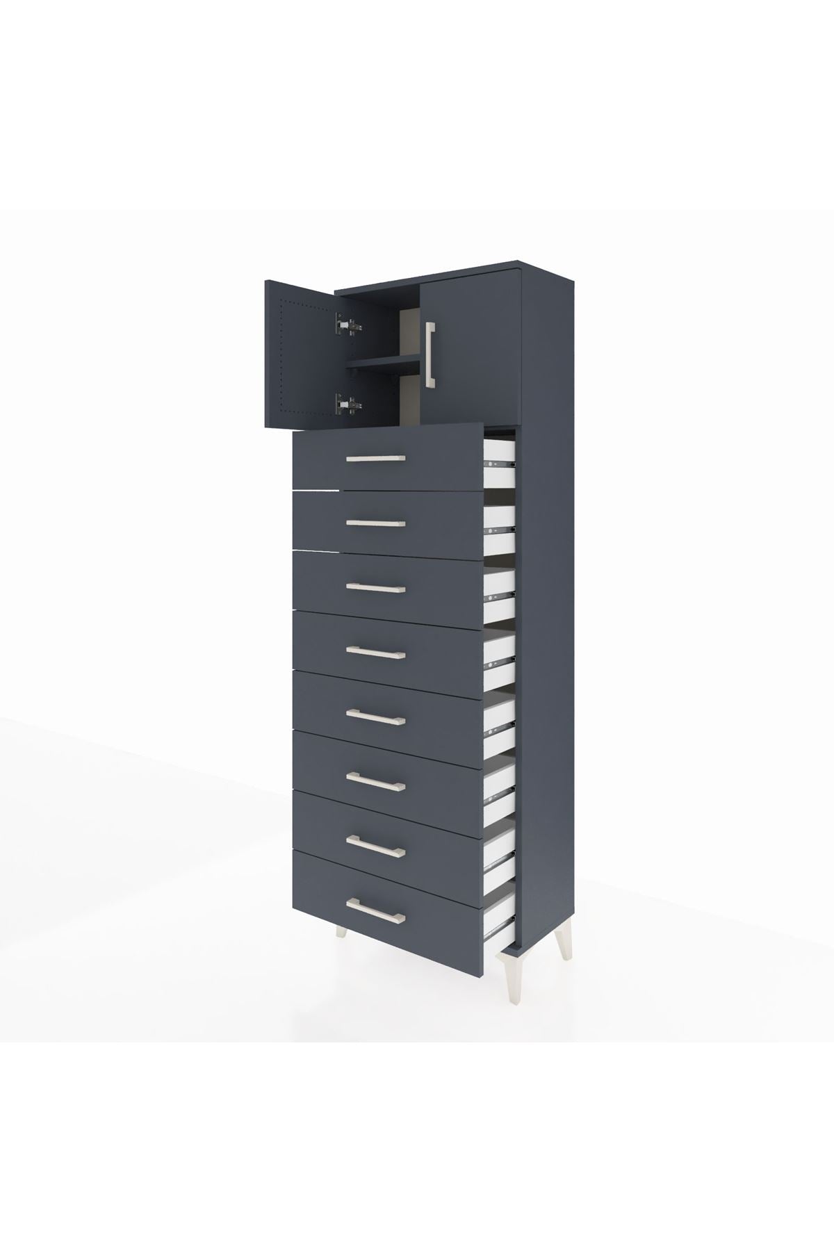 Arges Dolap 2 Raflı 8 Çekmeceli 2 Kapaklı 60x30x182 Antrasit-Antrasit