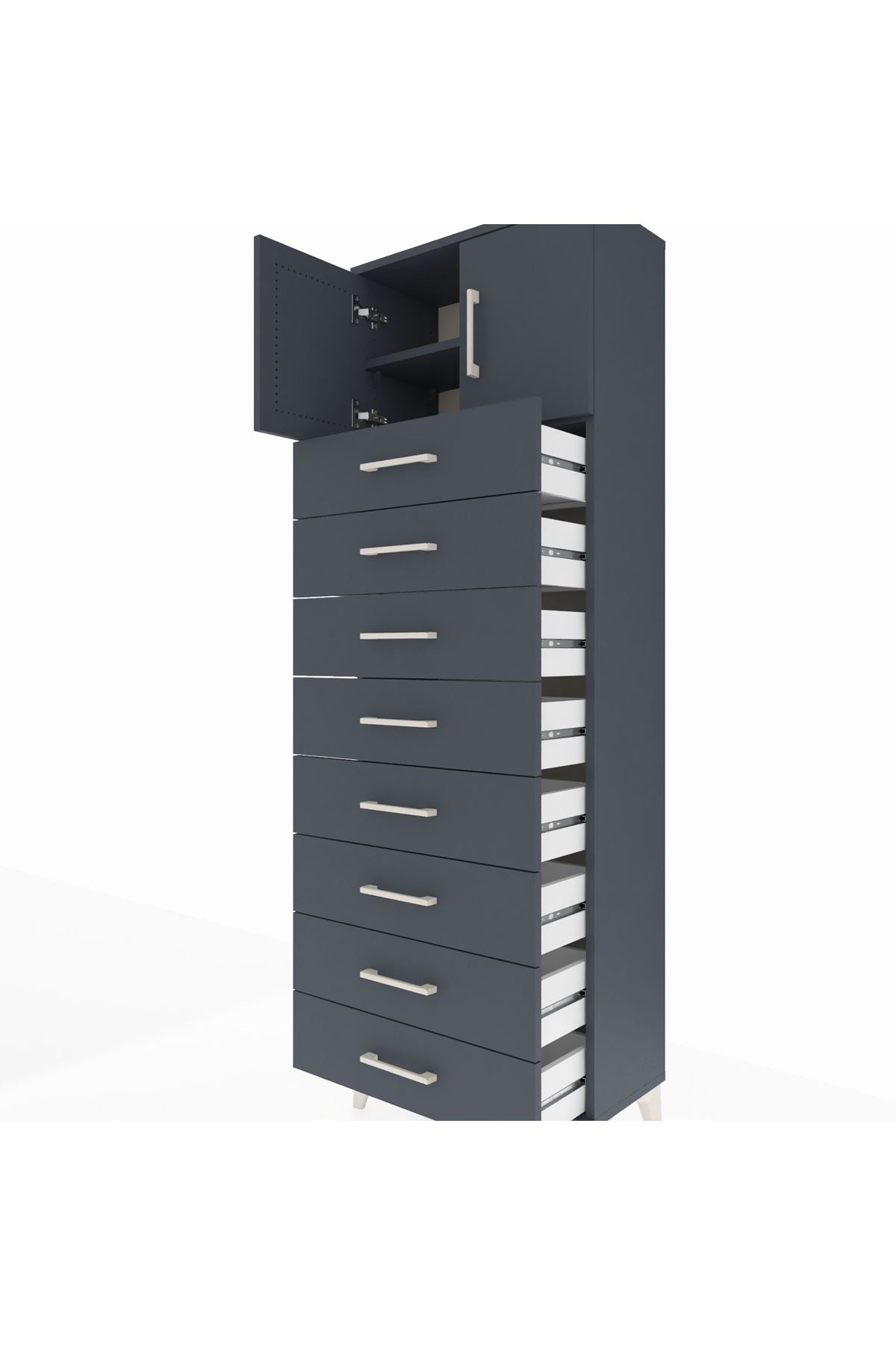 Arges Dolap 2 Raflı 8 Çekmeceli 2 Kapaklı 60x30x182 Antrasit-Antrasit