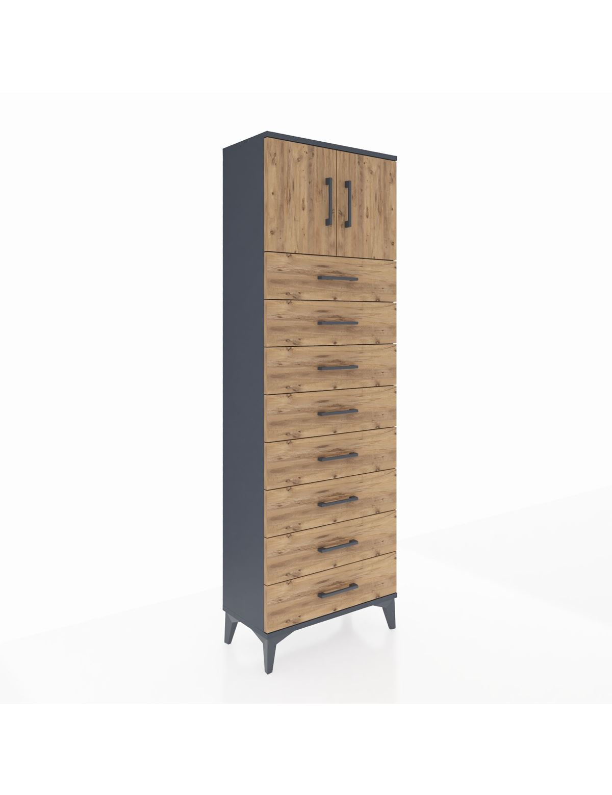 Arges Dolap 2 Raflı 8 Çekmeceli 2 Kapaklı 60x30x182 Antrasit-Çam