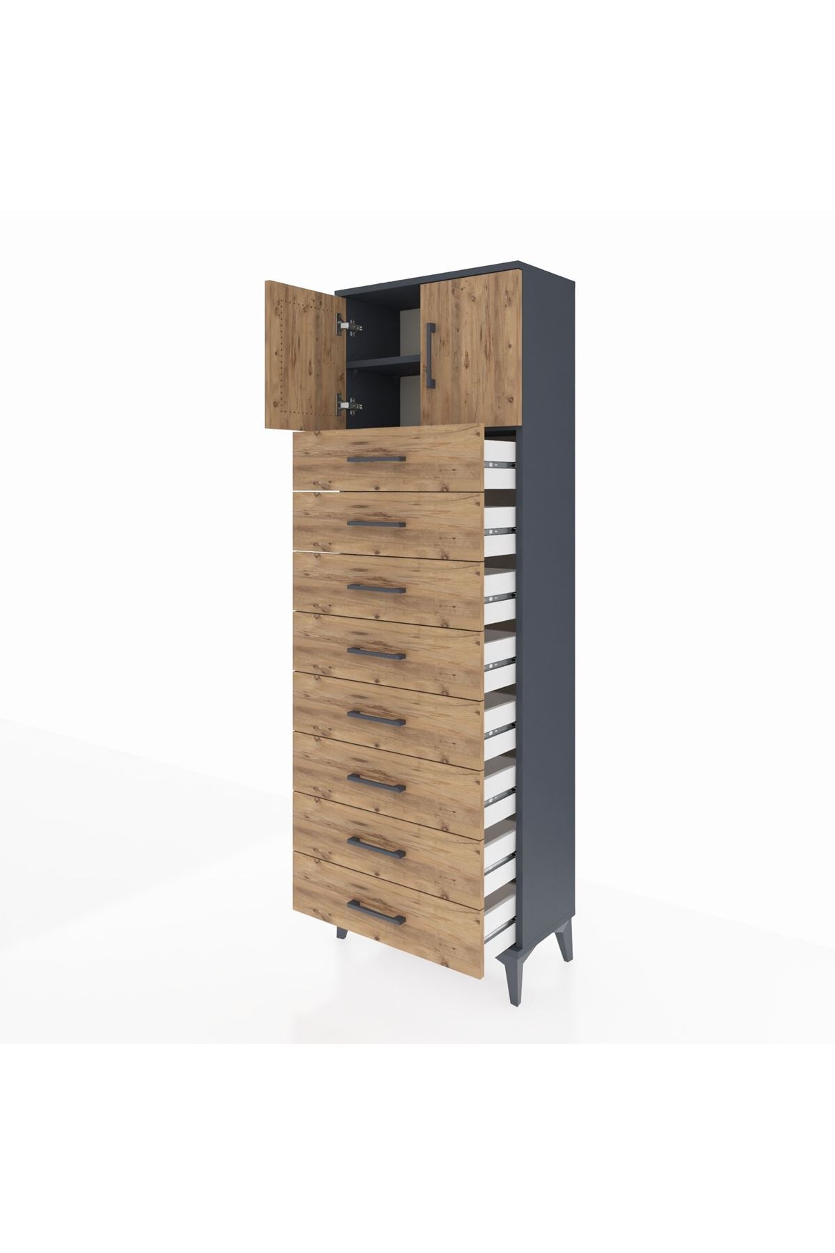 Arges Dolap 2 Raflı 8 Çekmeceli 2 Kapaklı 60x30x182 Antrasit-Çam