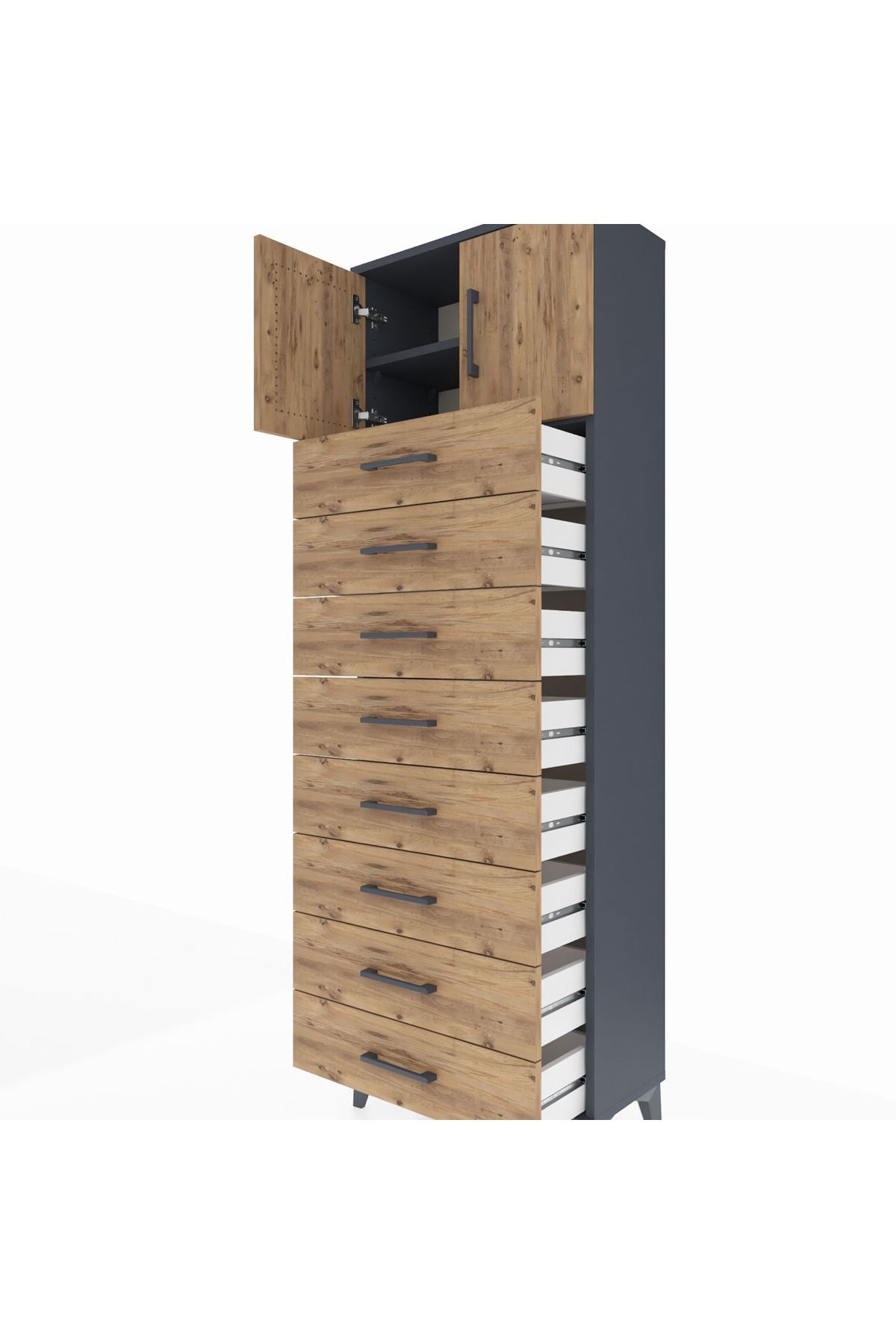 Arges Dolap 2 Raflı 8 Çekmeceli 2 Kapaklı 60x30x182 Antrasit-Çam