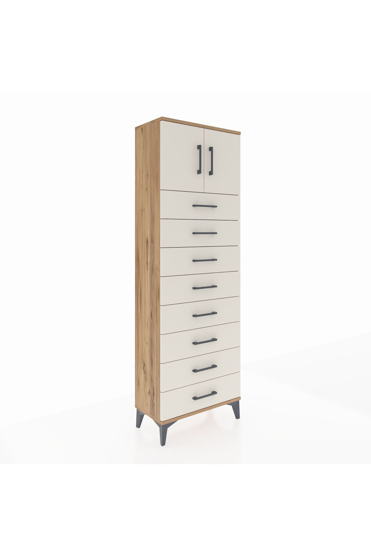 Arges Dolap 2 Raflı 8 Çekmeceli 2 Kapaklı 60x30x182 Çam-Aytaşı