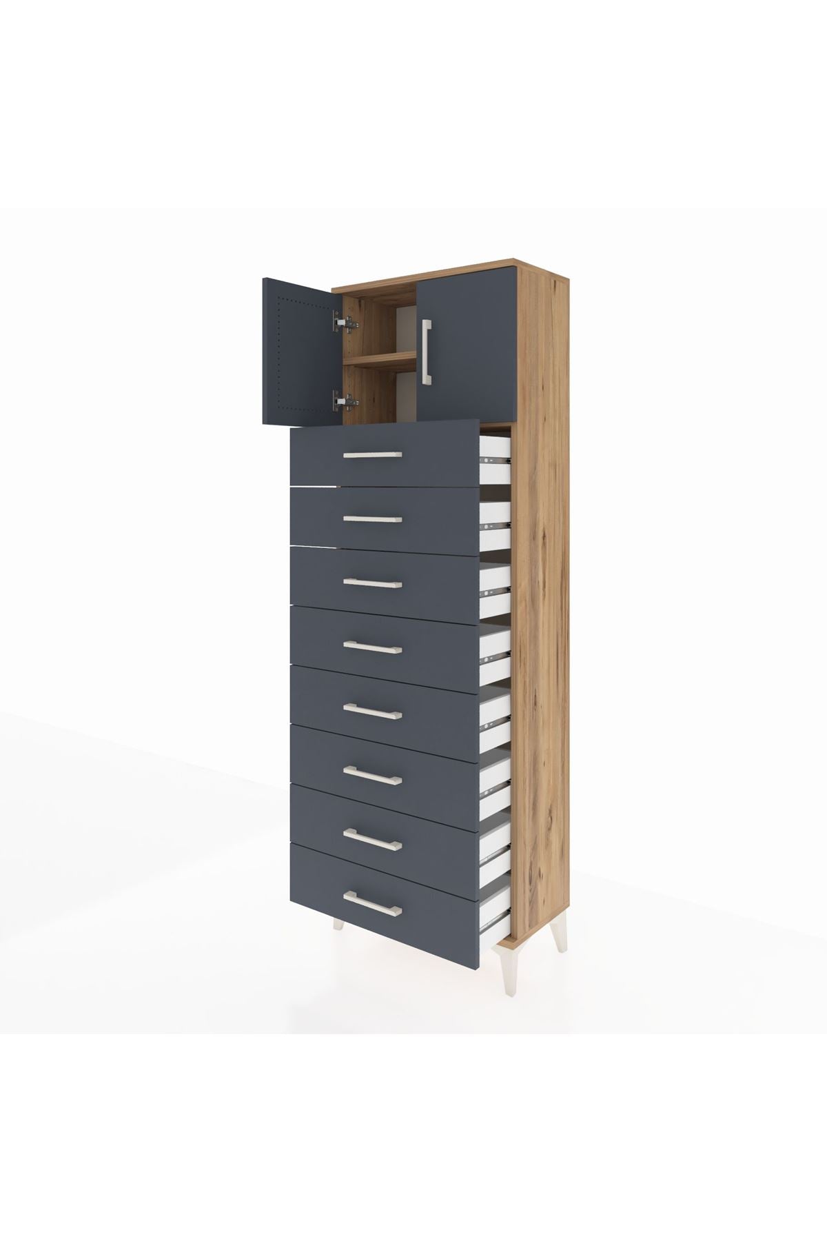 Arges Dolap 2 Raflı 8 Çekmeceli 2 Kapaklı 60x30x182 Çam-Antrasit