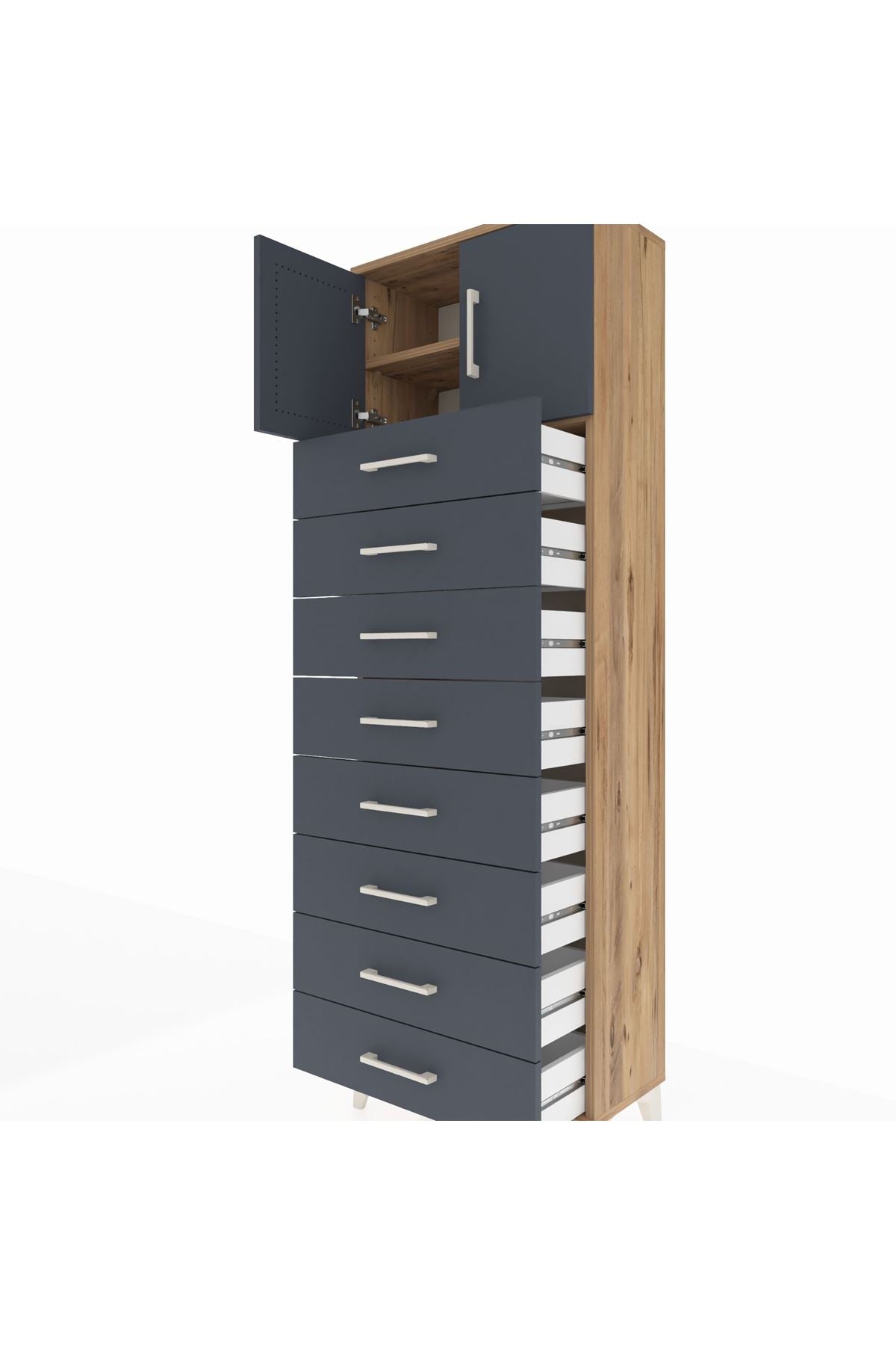 Arges Dolap 2 Raflı 8 Çekmeceli 2 Kapaklı 60x30x182 Çam-Antrasit